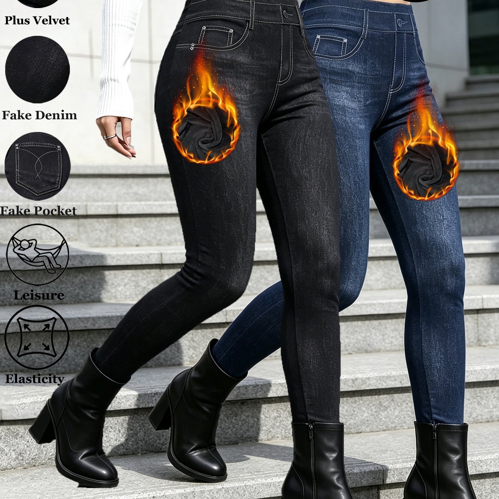 TEMU [printed Leggings - Not Denim Fabric]2-pack Autumn Winter Women's Denim Leggings Solid Color Easy Fake Pockets Button Design Thick Velvet Lined