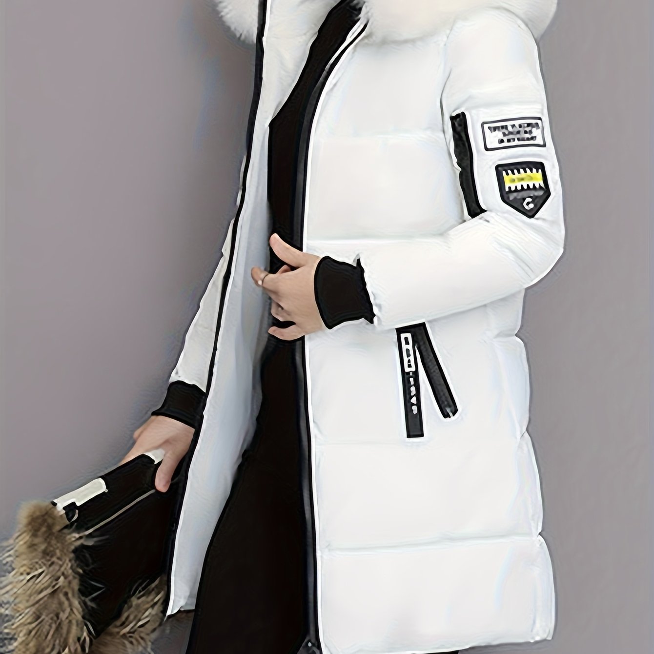 TEMU Mid Length Zip Up Hooded Puffer With Large Trim, Loose Quilted Korean Style Winter Jacket, Wind Resistant Warm Outerwear For Daily , Outdoor