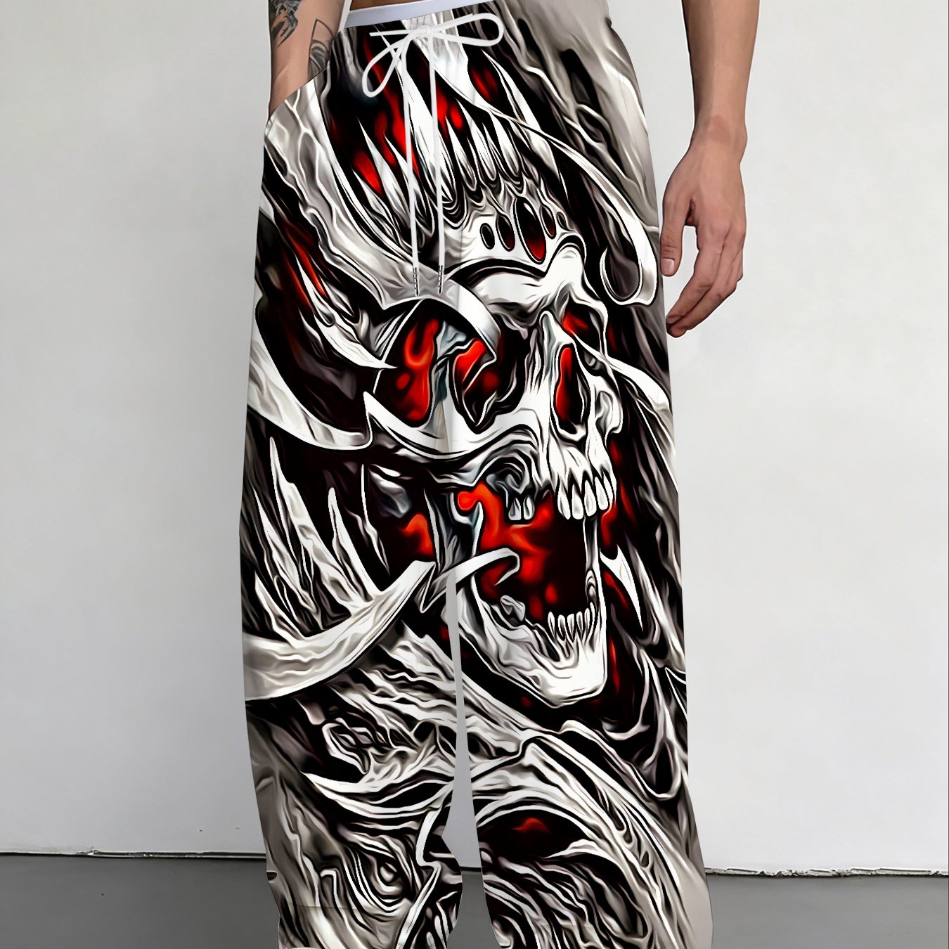 TEMU Men's Gothic Loose Full Skull Straight Trousers With Flame Feather Print Wide-leg Casual Long Pants Suitable For Activities, Casual Wear, And