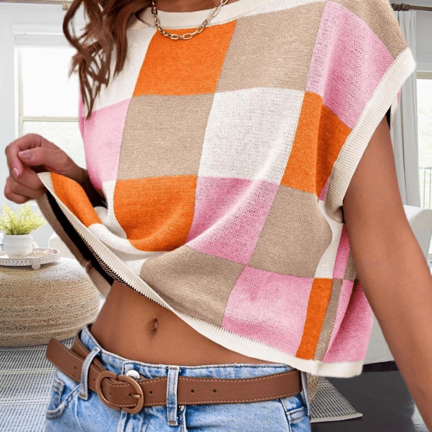 Women's Block Cap Sleeve Crop Top - Trendy Crew Neck Casual Going Out Shirt