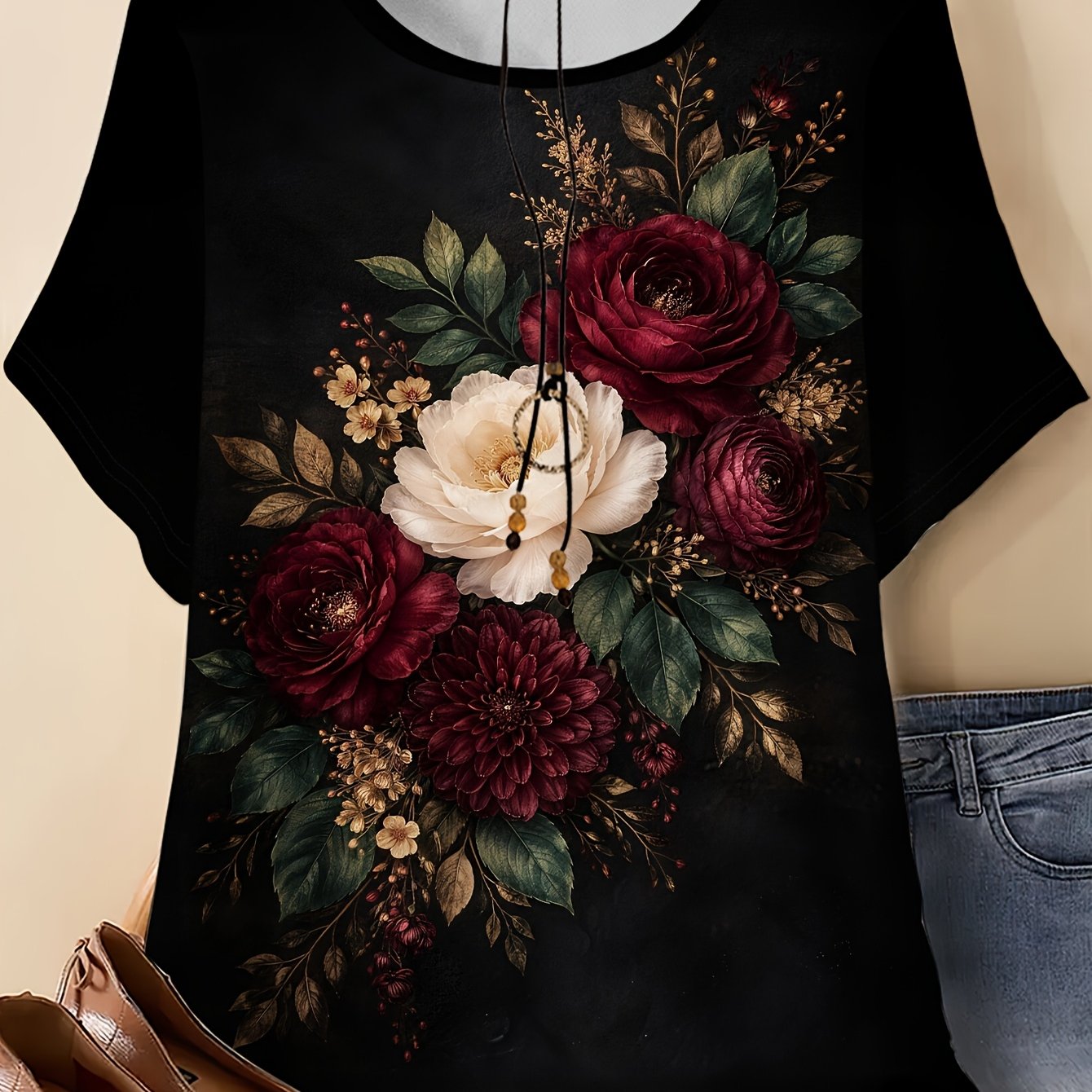 TEMU Plus Size - Plus Size - Women's Plus Size Floral Print Loose Short Sleeve T-shirt, Women's Summer Top, Plus Size Versatile Style