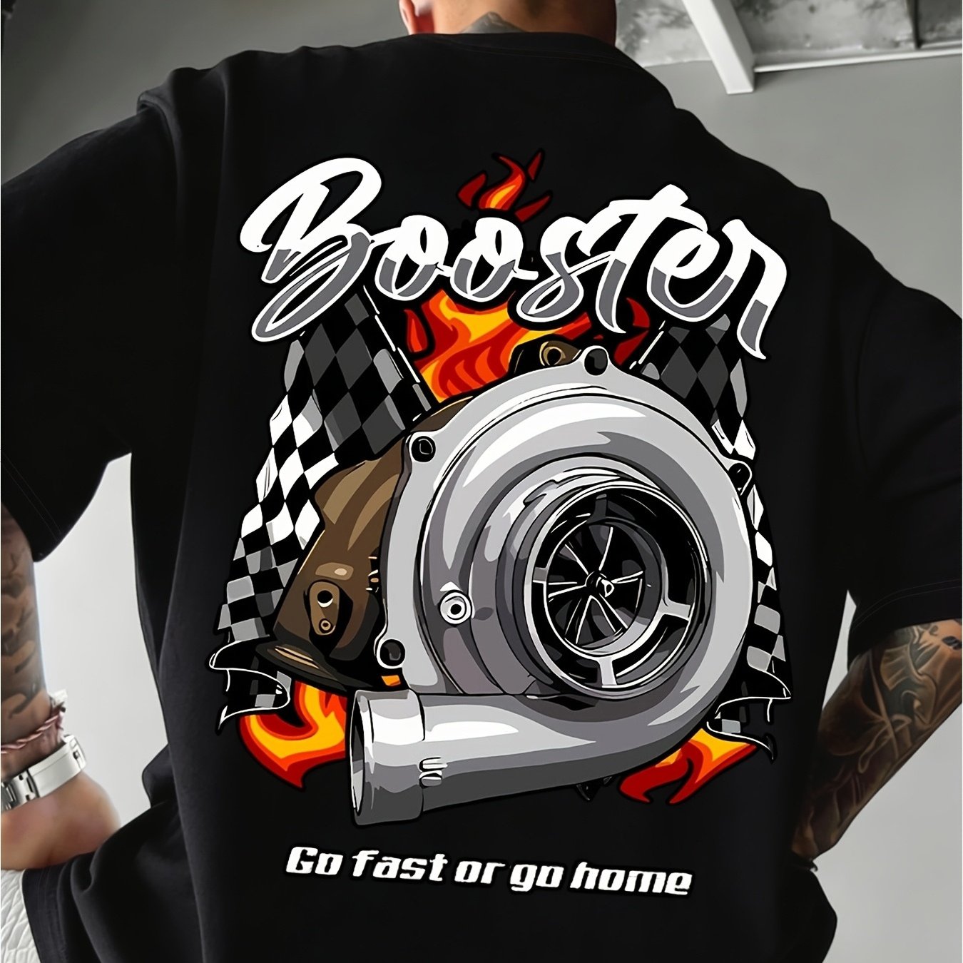 TEMU Men's Booster Full-body Print T-shirt - Car Enthusiast Apparel With Turbo Suitable For Outdoor Sports & Automotive Modification , Machine
