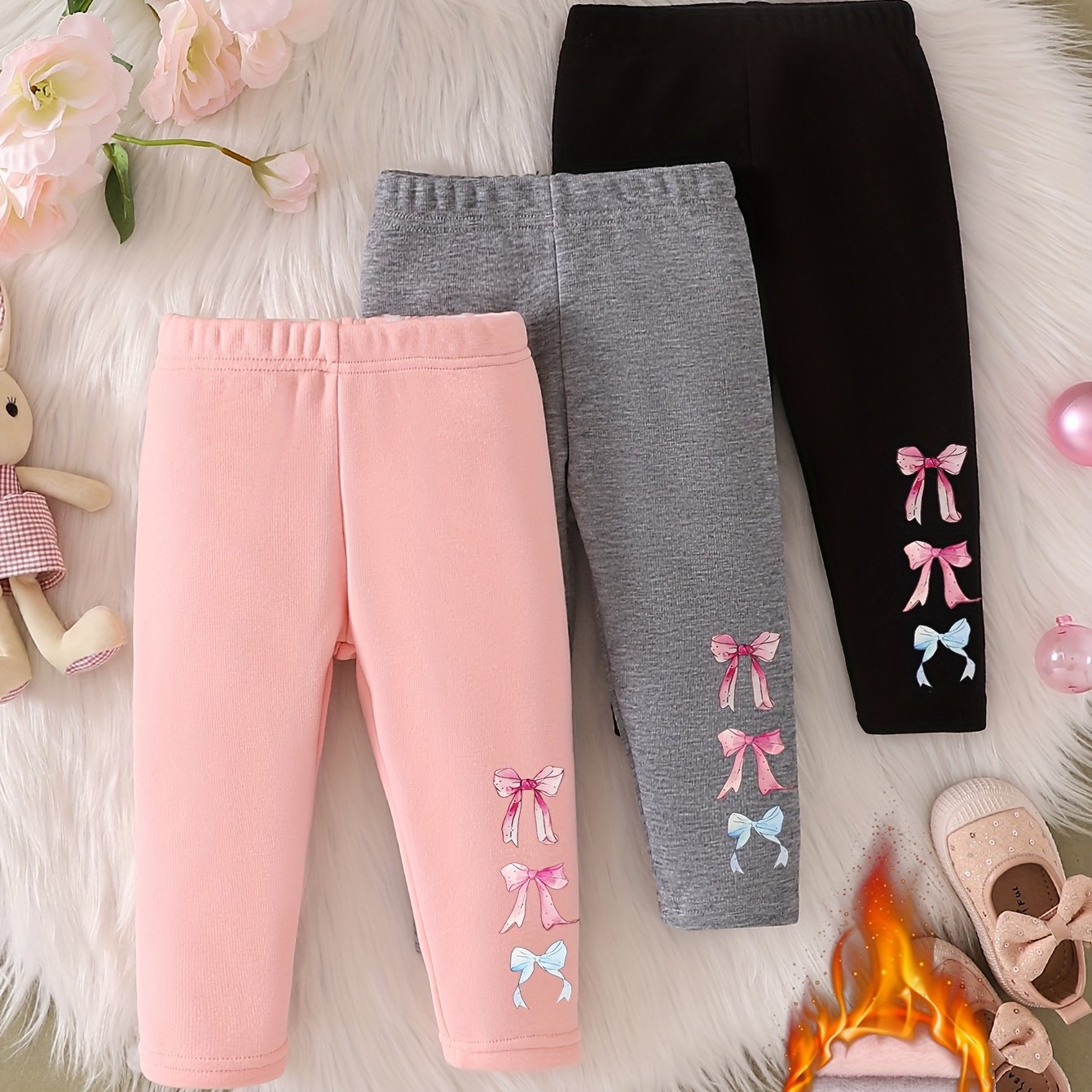 Image of Girls' Fashion Autumn/winter Long Pants, Three-pack, Made Of Non-shedding -lined Thickened Fabric With Printed Bow Pattern, Perfect For Outdoor
