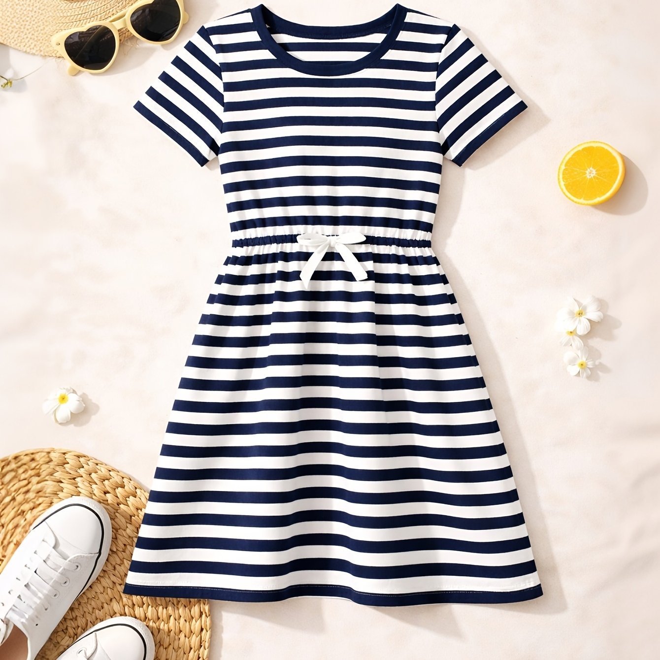 Girls' Teen Short Sleeve Dress With Random Striped Print, Decorative Waistband, Real Pockets, Round Neck, Comfortable Outdoor Casual Dress