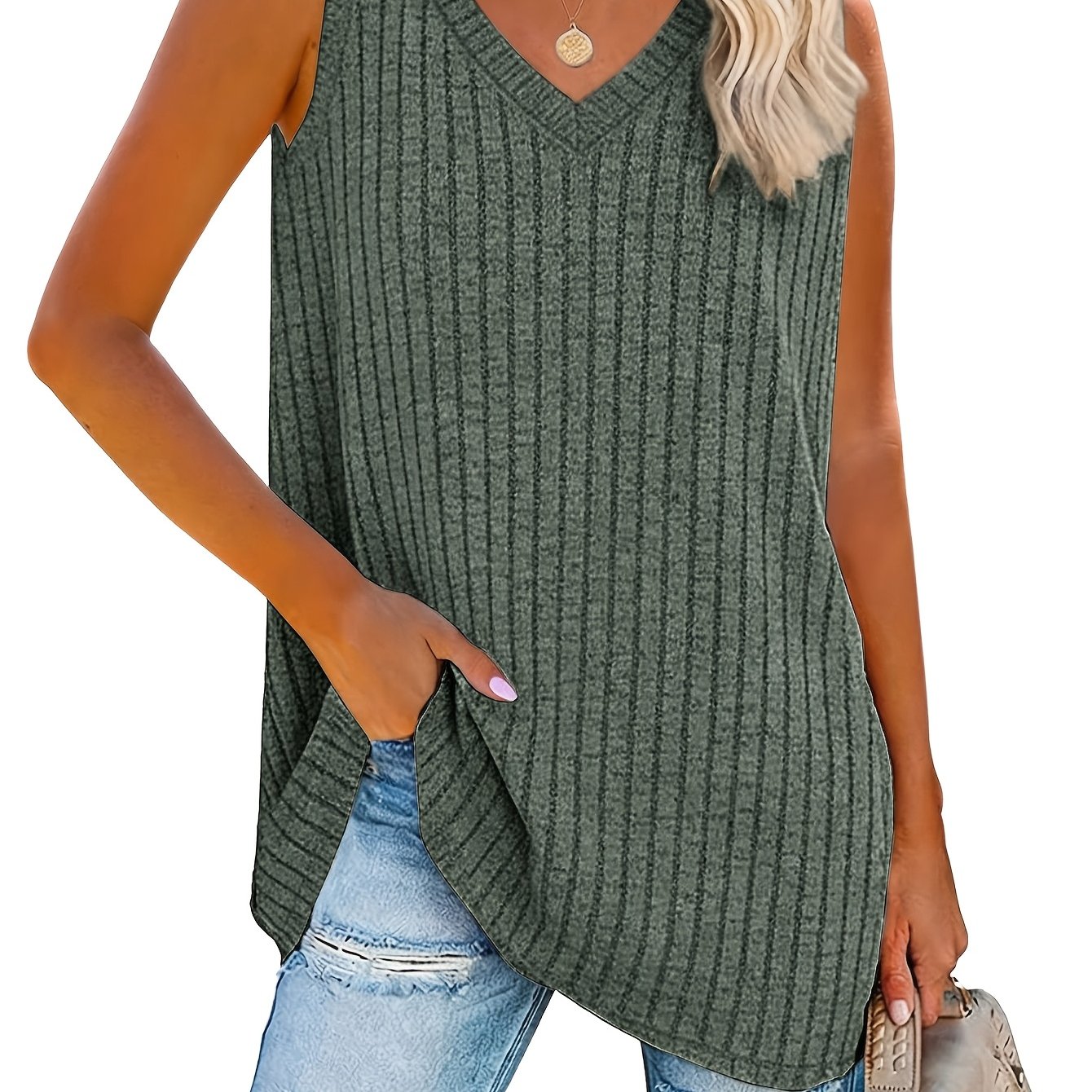 Image of Women's Fashion Loose Shirt Elegant Comfortable V-neck Sleeveless Vest
