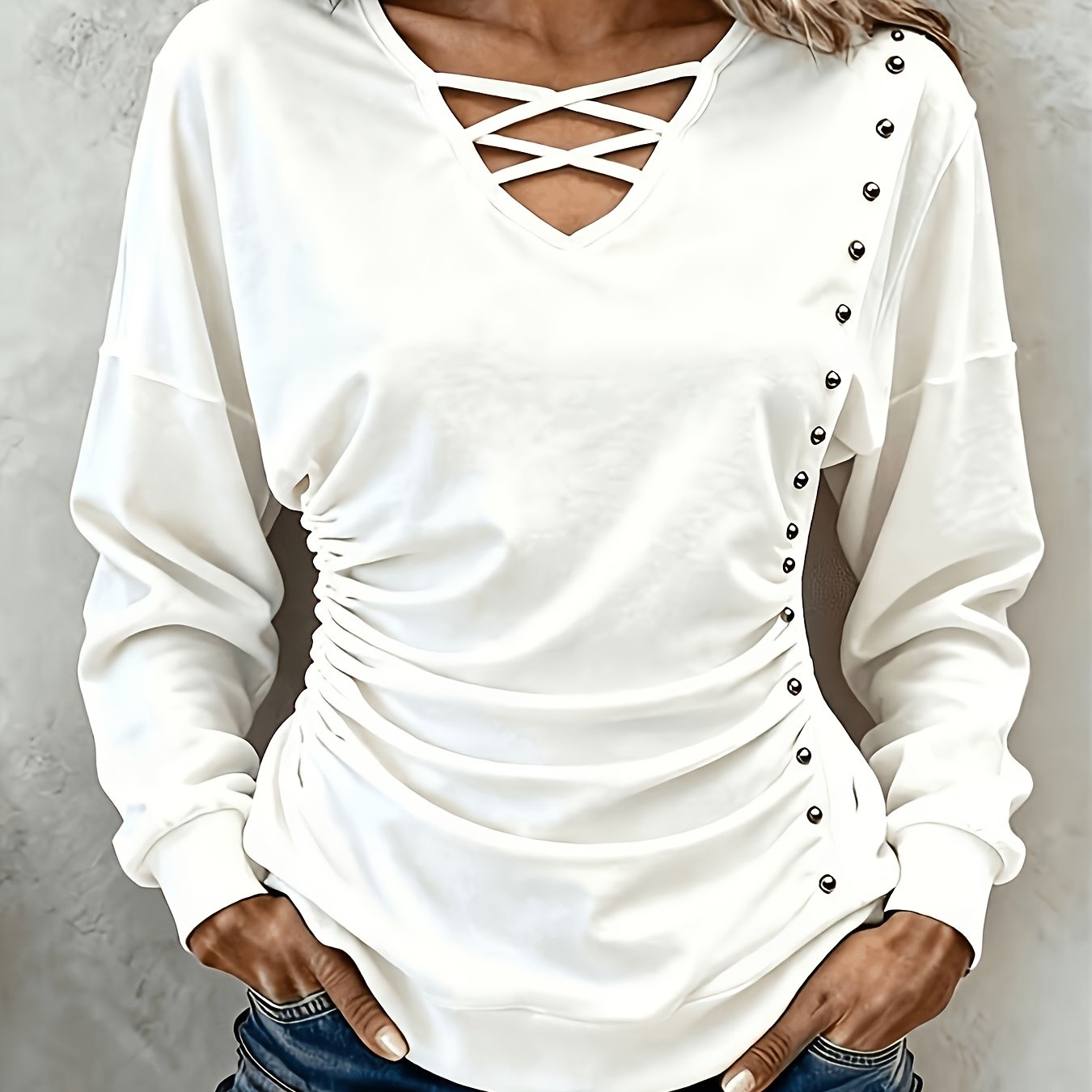 TEMU Cross Hollow-out V-neck Studded Gathered Sweatshirt Women's Side Ruched Waist-cinching Loose Drop-shoulder Long Sleeve Top