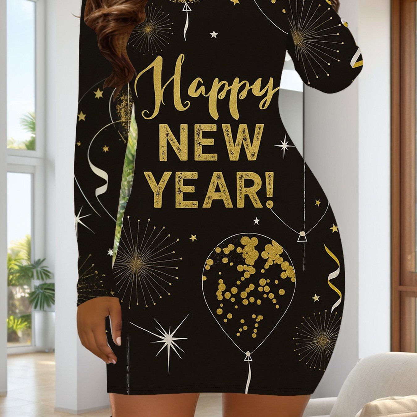 TEMU Women' Size, 2027 New Year Print - Versatile Designs: , Christmas Trees, , And More - Casual Party Wear, Round-neck Long-sleeved, Body-hugging