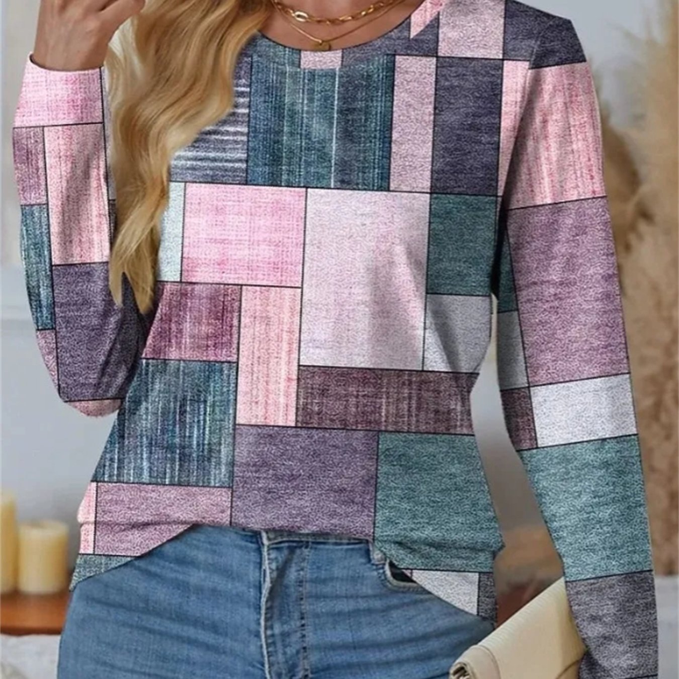 TEMU Plus Size, Women's Plus Size Oversized Casual Long Sleeve Round Neck Blouse - Pink/blue/purple/grey/beige Print European-inspired Tunic Top,