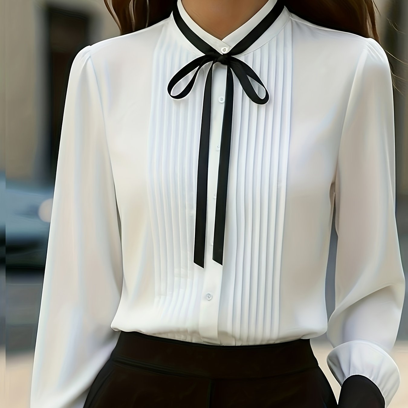 TEMU Ladies' Solid Color Pleated Bow Elegant Fashion Long Sleeve Shirt Top