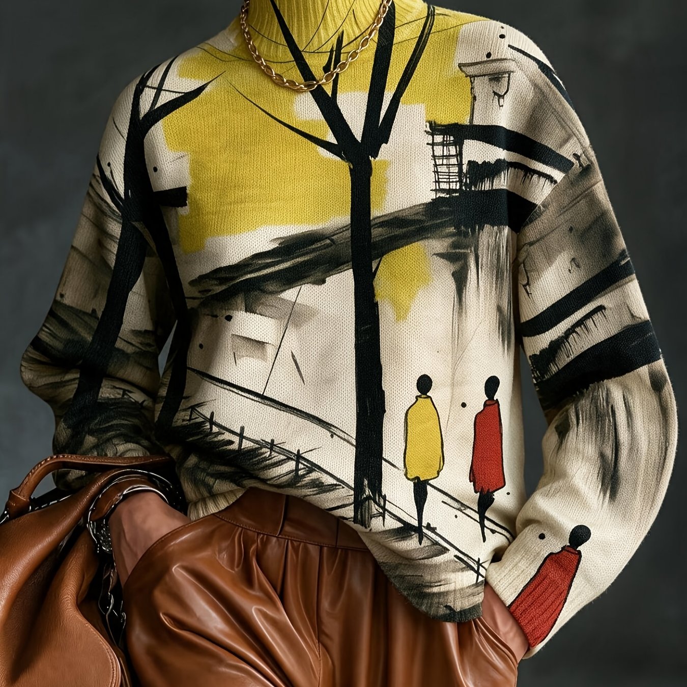 TEMU Plus Size, 2d Flat Pattern Autumn/ New Stylish Versatile Pullover High Neck Long Sleeve Women's Top With Scenery And Figure Pattern Flat Trendy