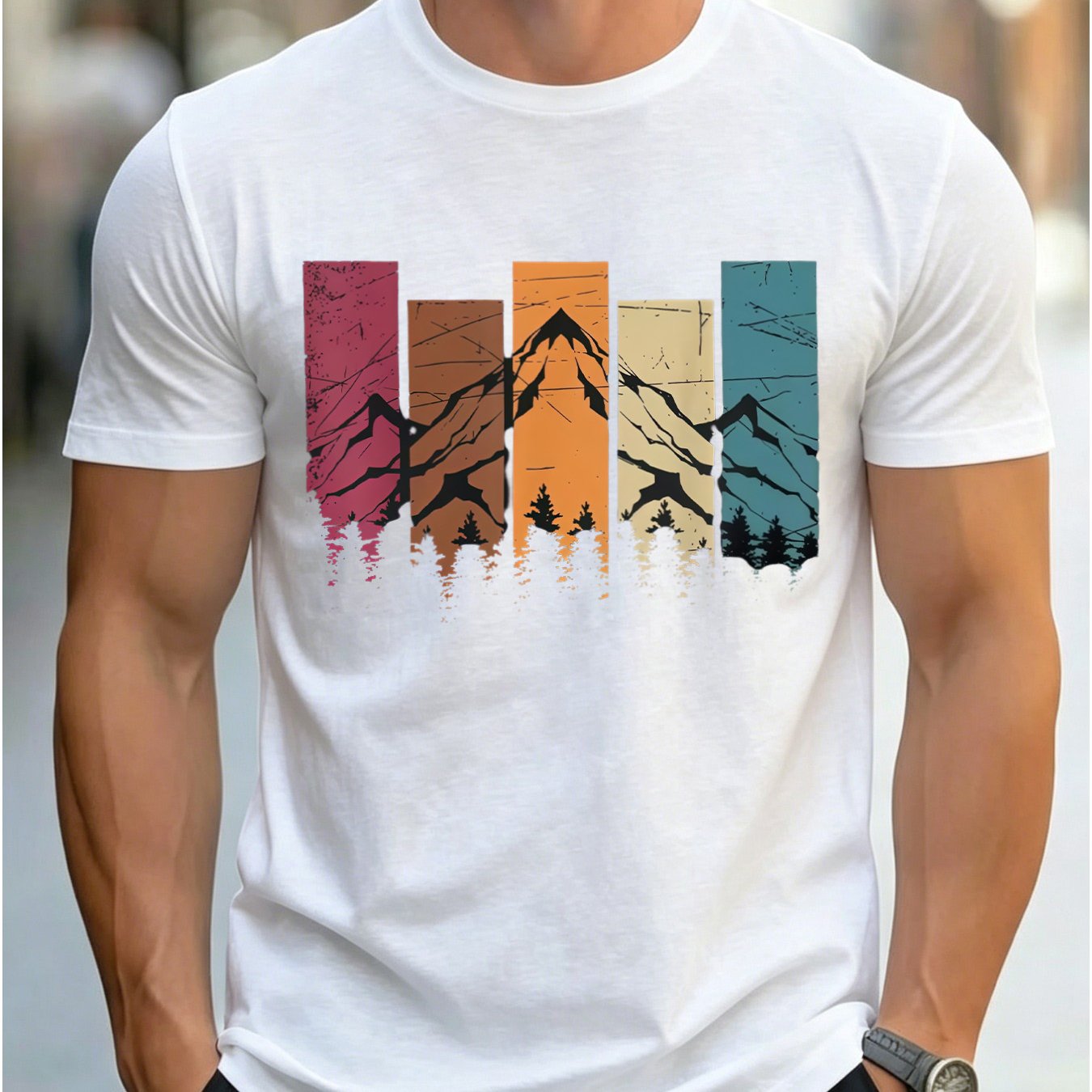 TEMU T-shirt d'entraînement de 'été pour homme, nouveau, vintage, à manches courtes, avec imprimé montagne et forêt en color-block, haut décontracté