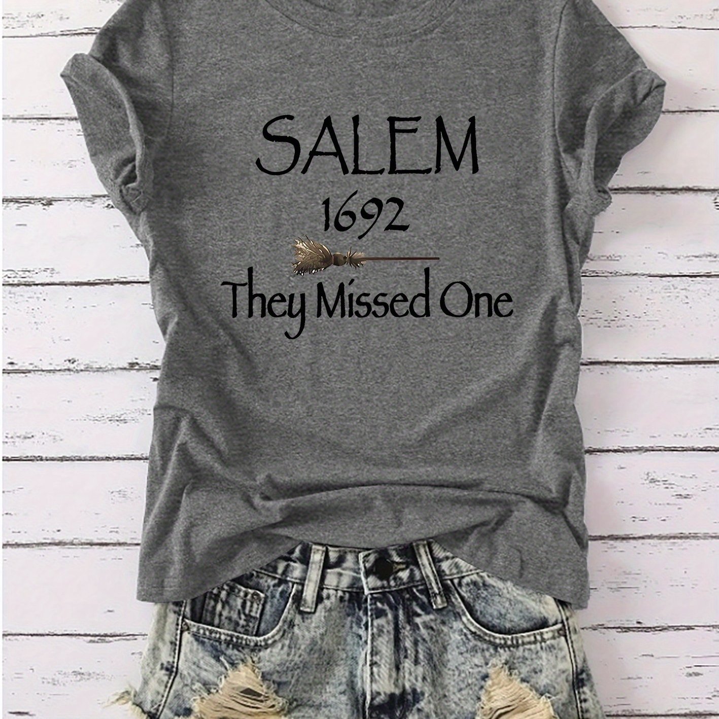 TEMU Hollow Halloween Theme "salem 1692 One" Vintage Minimalist Women's Broom Graphic Round Neck Short Sleeve T-shirt, Easy Trendy Casual Versatile