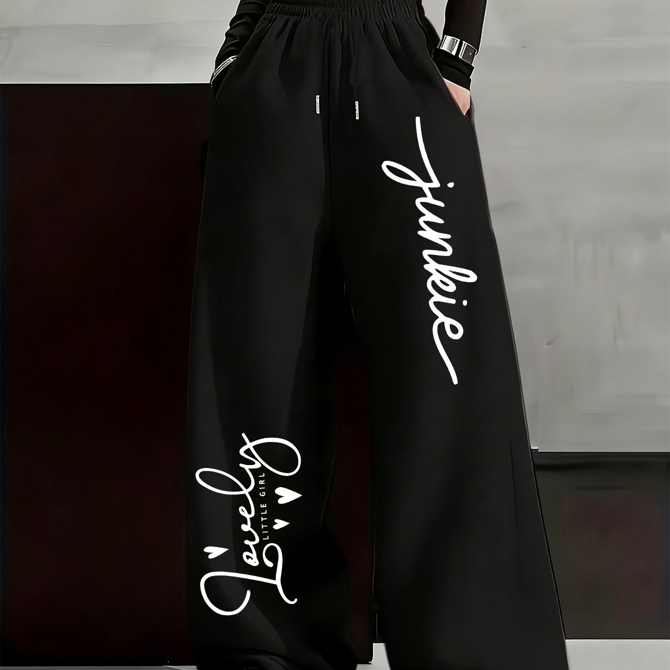 TEMU Drawstring Elastic Wide Leg Straight Leg Pants For Women, Slogan Printed Casual Loose Retro Straight Leg Pants, Birthday Gift, Valentine's Day