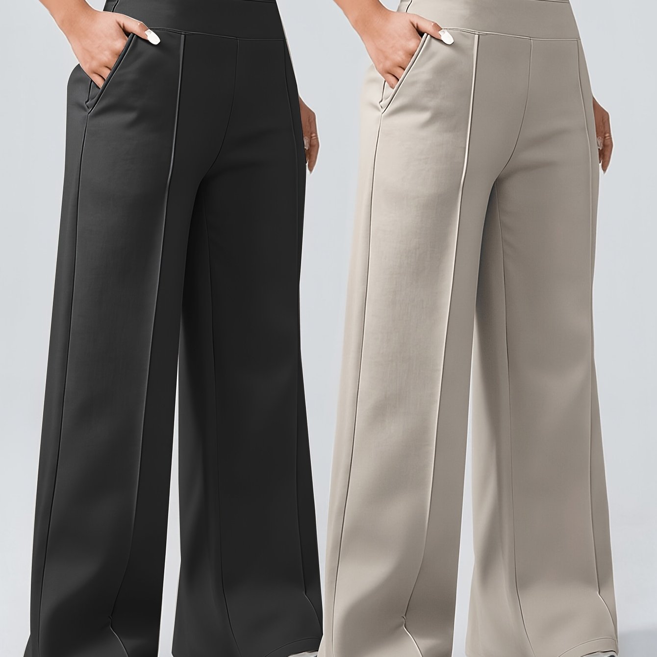 TEMU 2-pack Women' And Versatile Straight-leg Pants For Spring/autumn, 2-pocket High-waist Elastic Waistband Comfortable Wide-leg Pants, Casual Loose