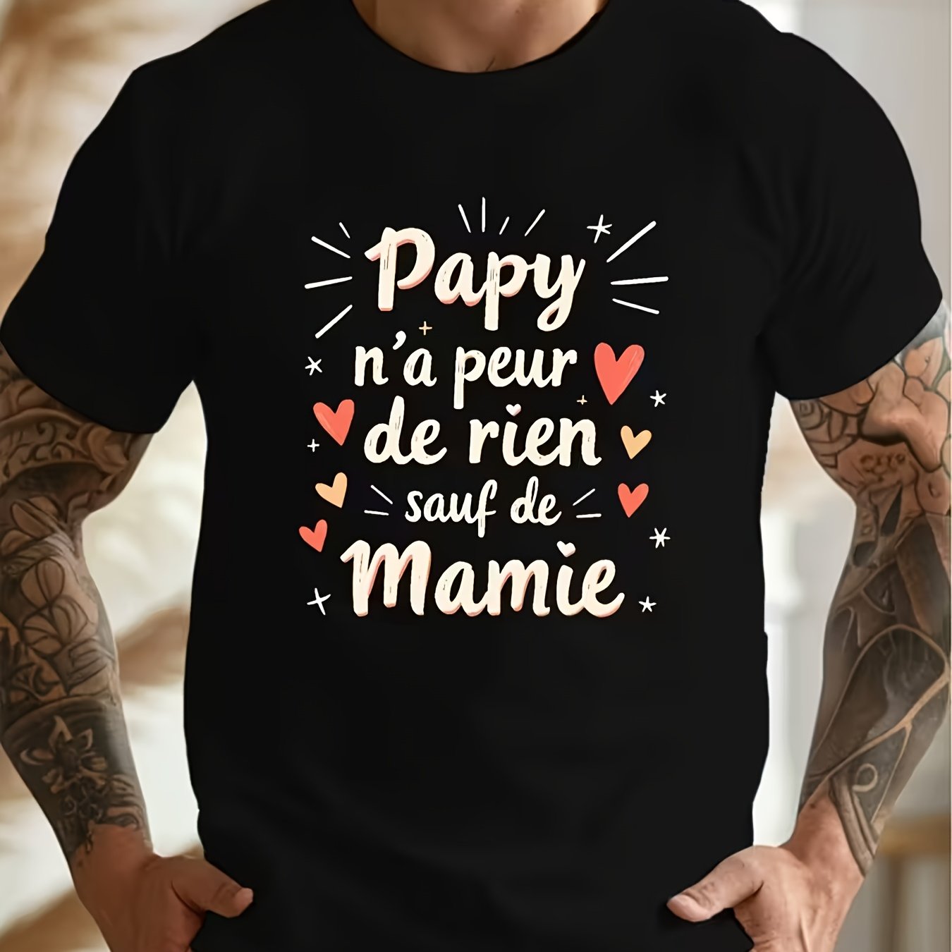 TEMU T-shirt Homme avec Citations Amusantes de Français - Français et de Cœurs avec Imprimés & Mamie - T-shirt Léger d'Été Décontracté à Col Rond et