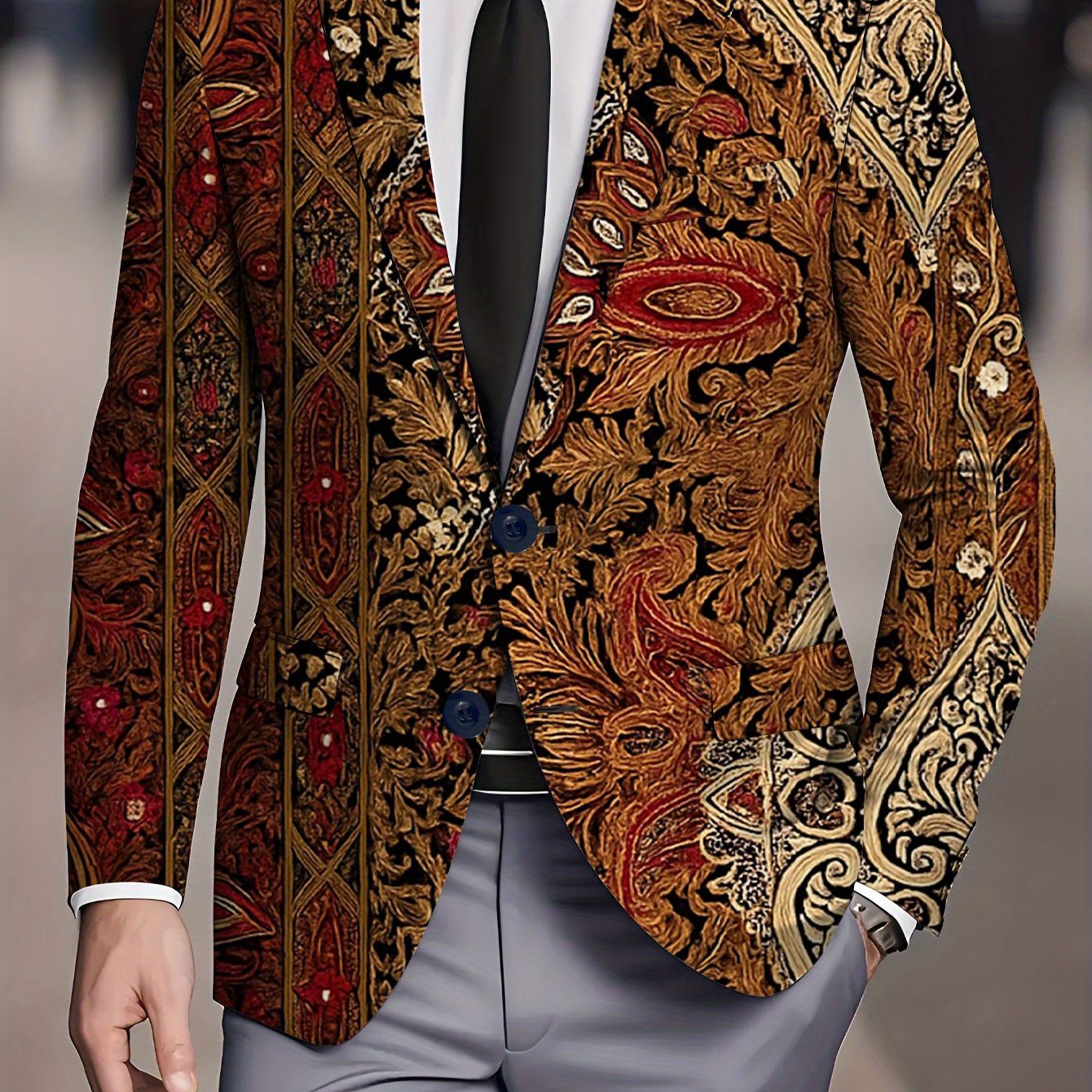 TEMU Men's Casual Standard Size Suit With Red-brown, Golden, And Three- And Ornate Patterns, Traditional Vintage Style, Fashionable, , ,