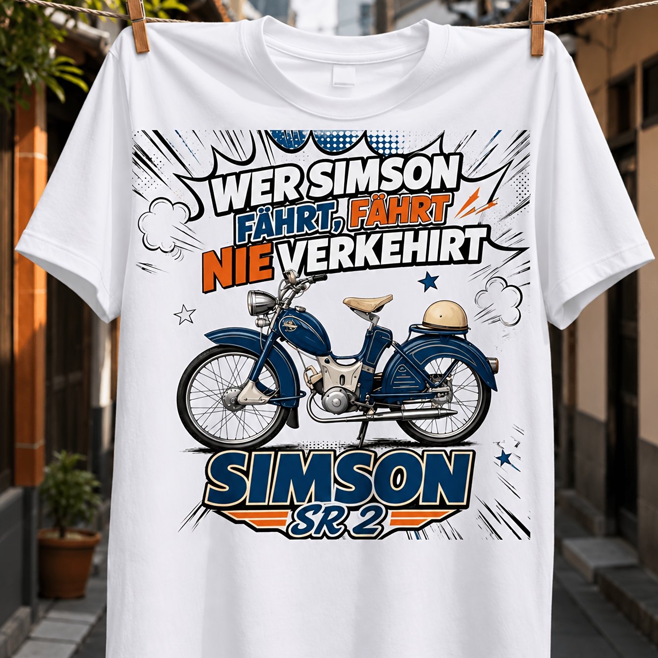 Sr2 Comic Blue Moped Art With Speed Lettering And Wer Nie Quote Unisex All T-shirt