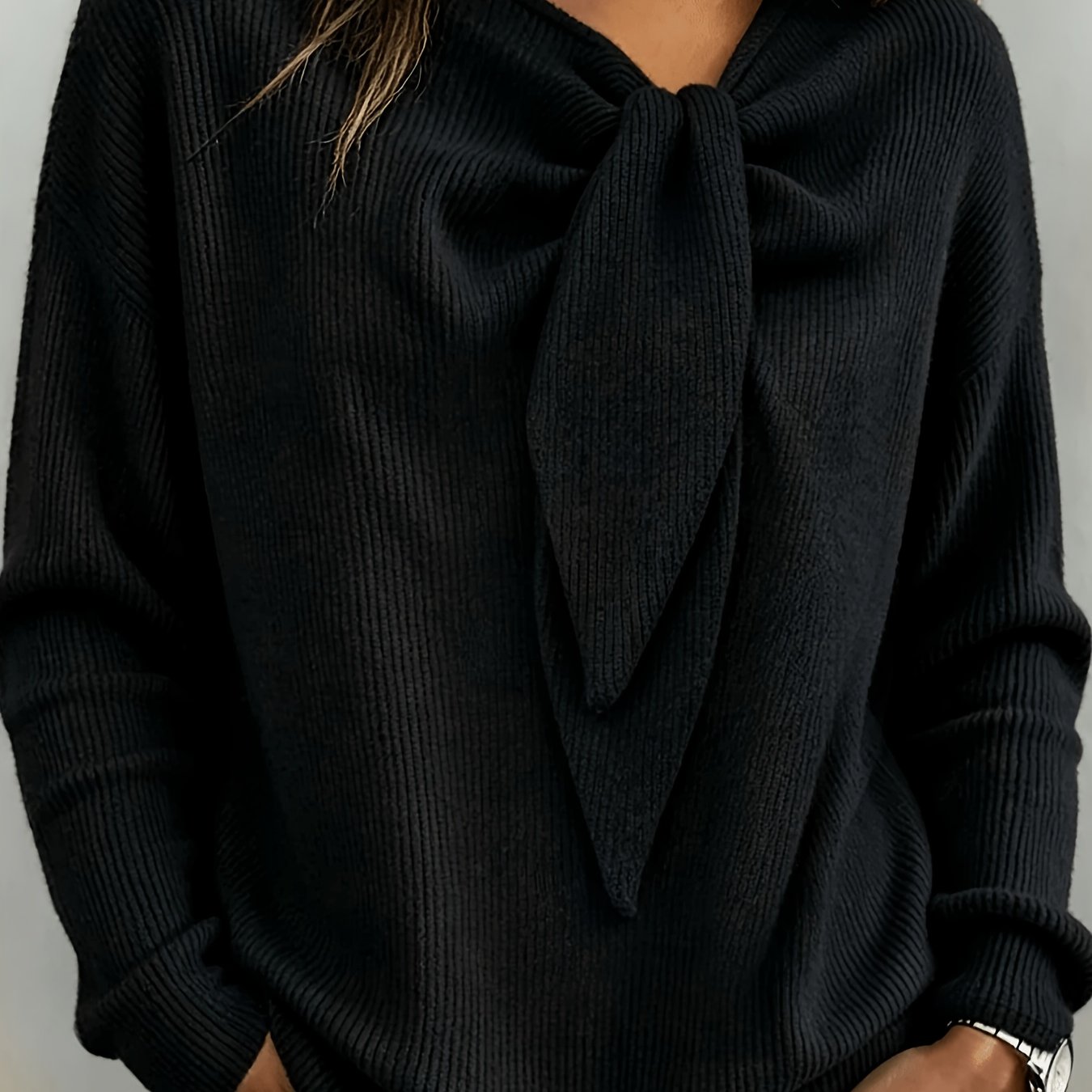 TEMU Pull élégant grande taille pour femme avec nœud sous le cou - Pull décontracté à épaules tombantes, pull d'automne-hiver adapté à une tenue