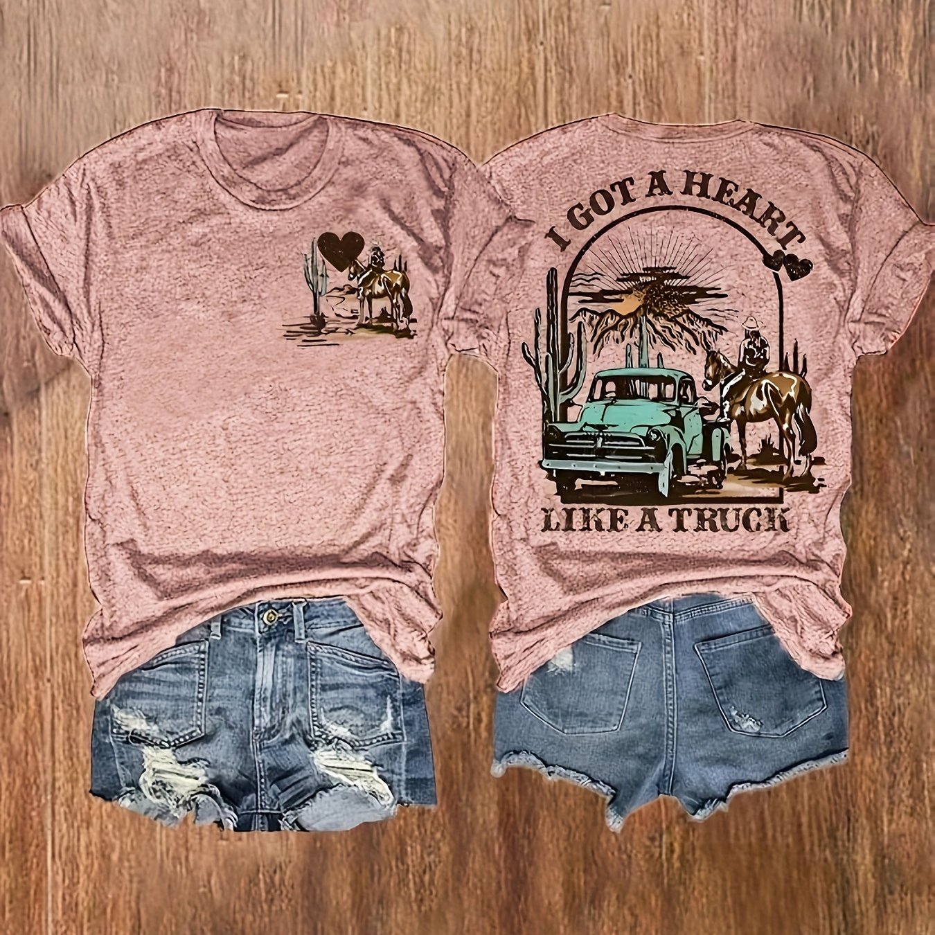 TEMU T-Shirt Col Rond "J'ai un Cœur Camion", Haut Manches Courtes Décontracté pour Femme, Vêtements pour Dames