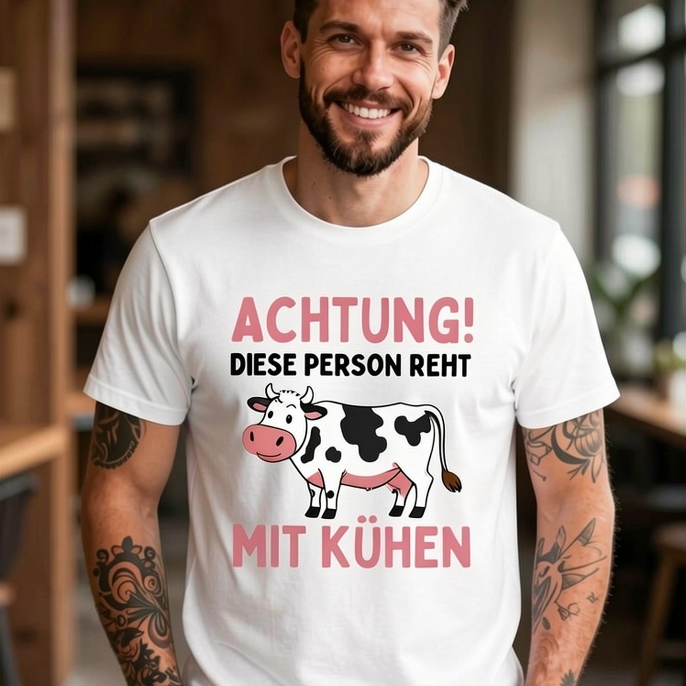 Plus Size Funny Talking To Cows! Men's T-shirt With German Text Cartoon Cow Graphic- Short Sleeve Tee, Loose Fit Casual Shirt For Humor Lovers, , Durable Print Funny Gift , Cow Enthusiasts