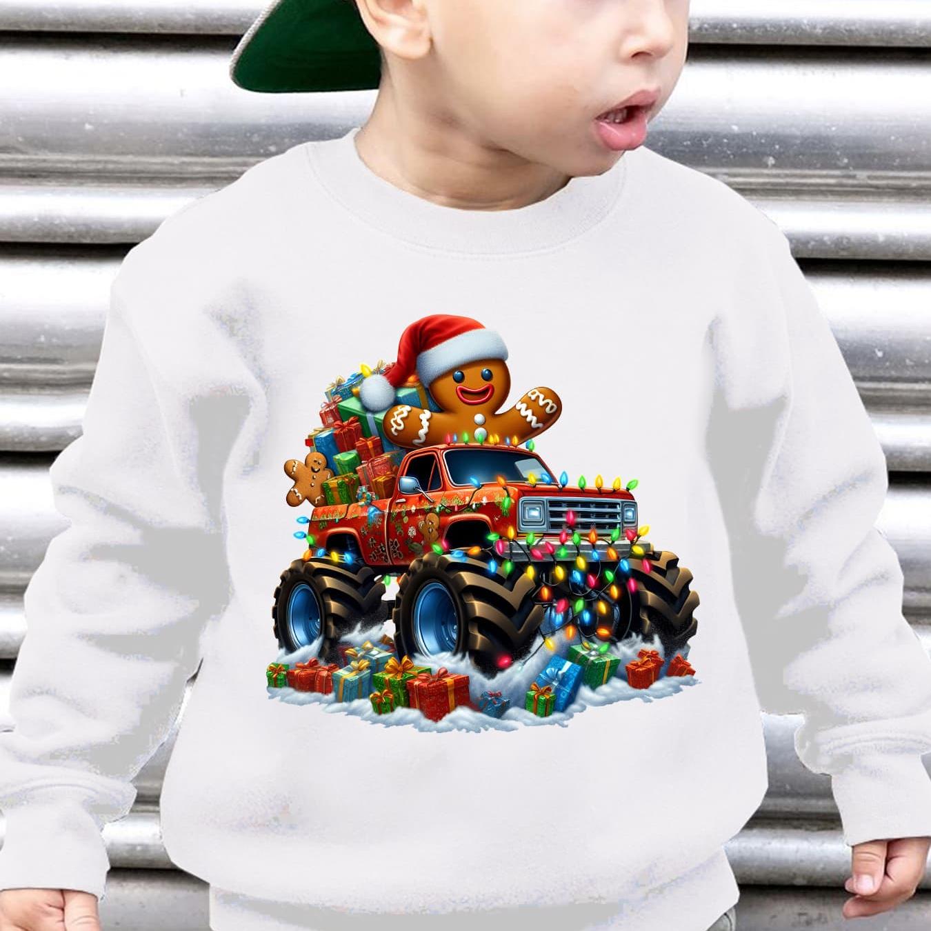TEMU âchristmas' Boys' Autumn And Fleece Round Neck Pullover Sweatshirt With 'gingerbread Man And Christmas Truck' Print, Loose Casual Long Sleeve