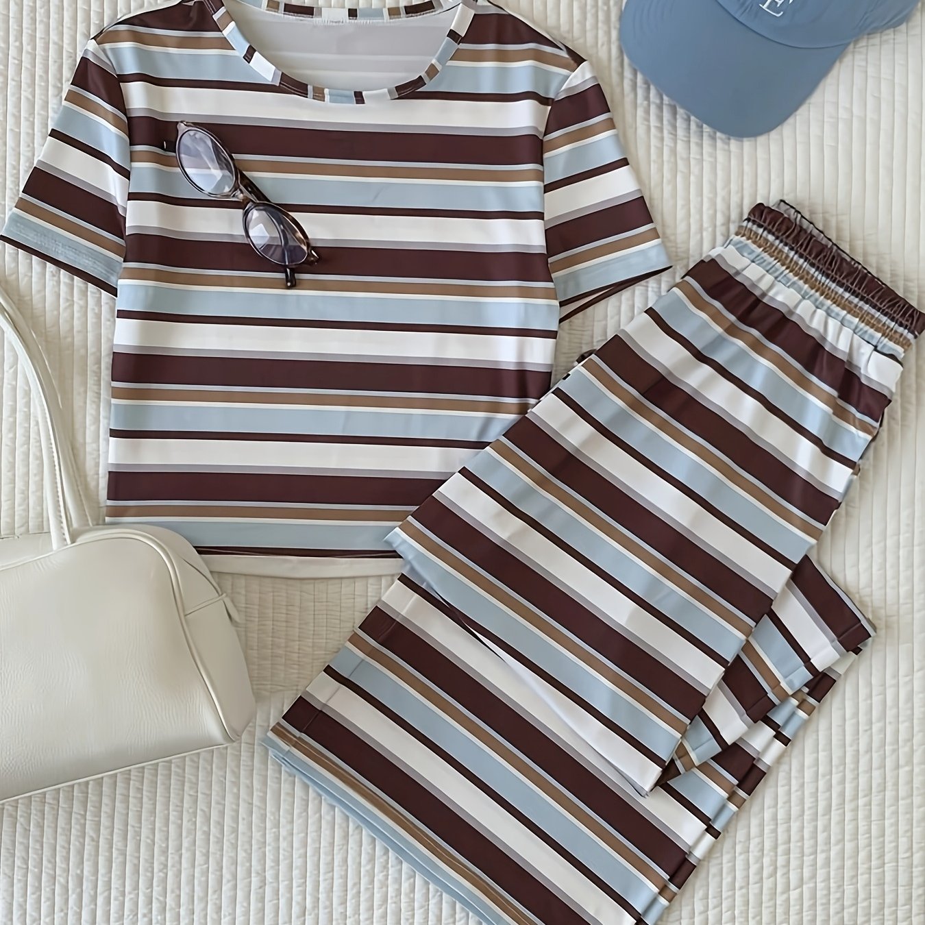 TEMU Women's Casual 2pcs Pajama Set With Round Neck Striped Print Short Sleeve Top And Long Pants