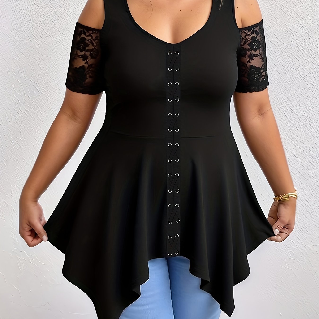Plus Size Women's Elegant Lace Off-shoulder T-shirt - V Neck Asymmetrical Hem Gothic Style Blouse, Summer Short Sleeve Tunic Top