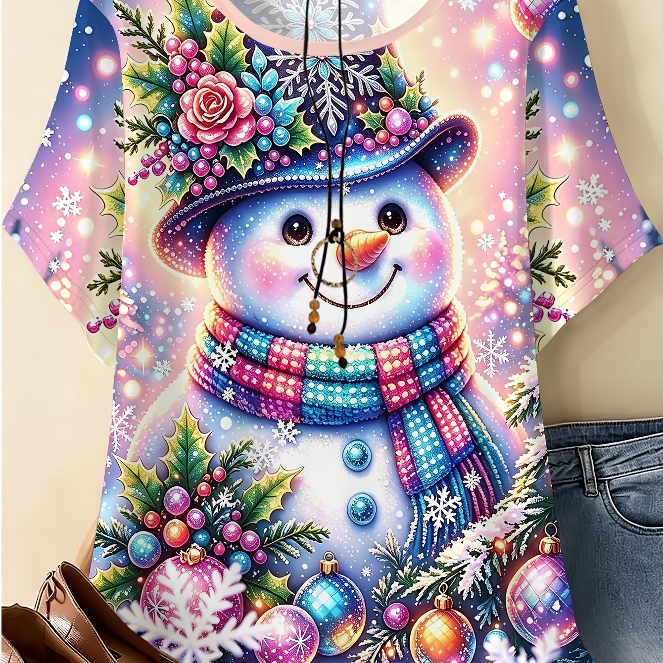 TEMU Plus Size, Women's Plus Size Round Neck Top, Exuding A Warm Christmas Atmosphere. Featuring An Adorable Snowman Wearing An Exquisite Top Hat,