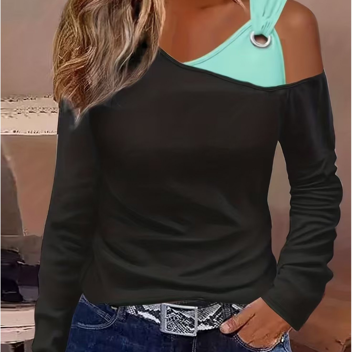 TEMU Elegant And Versatile Women's Off-shoulder Long-sleeve T-shirt In European And