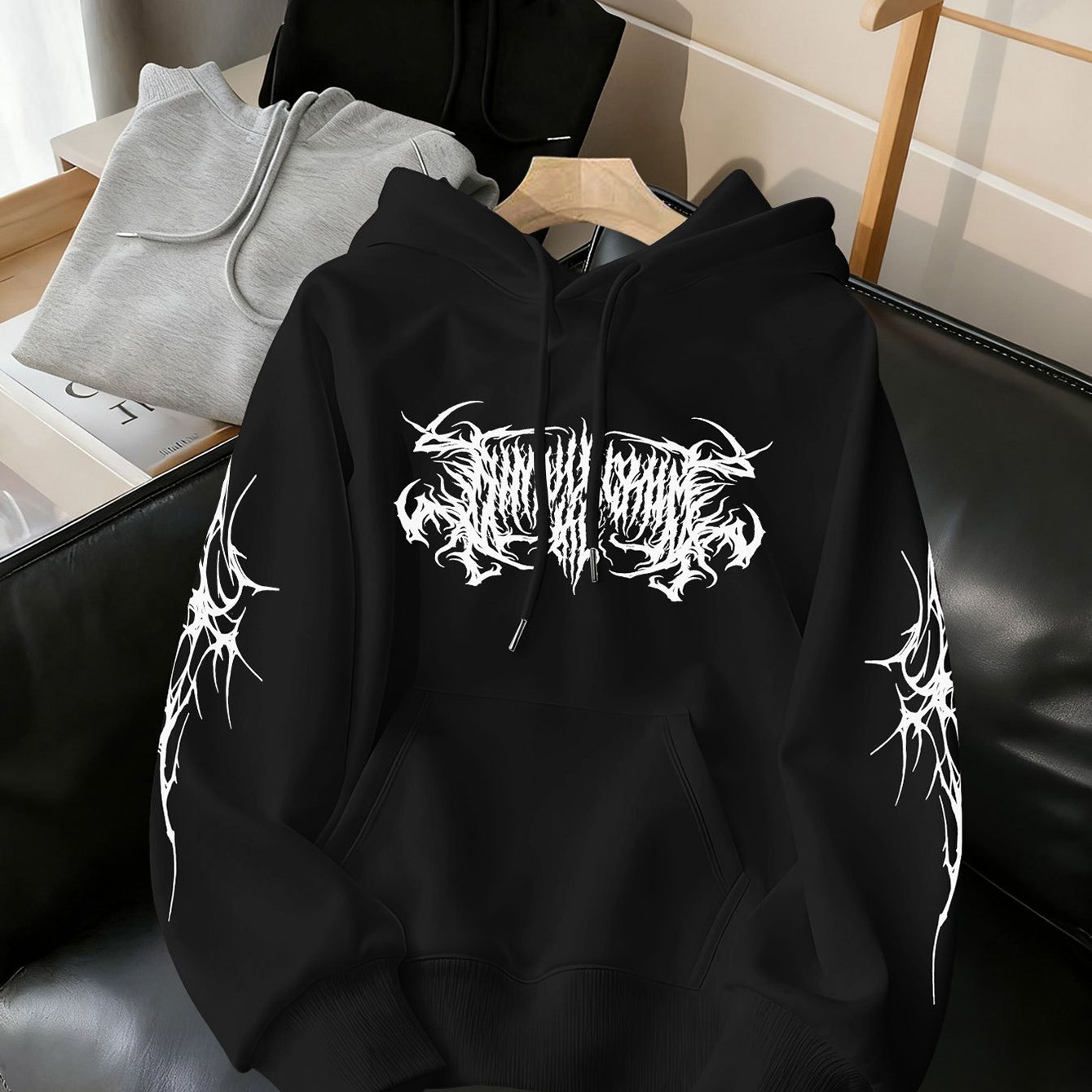 TEMU Dark Style Thorn Letter Hooded Sweatshirt Men's American Heavy Print Long Sleeve Top Street Casual Pullover Hoodie
