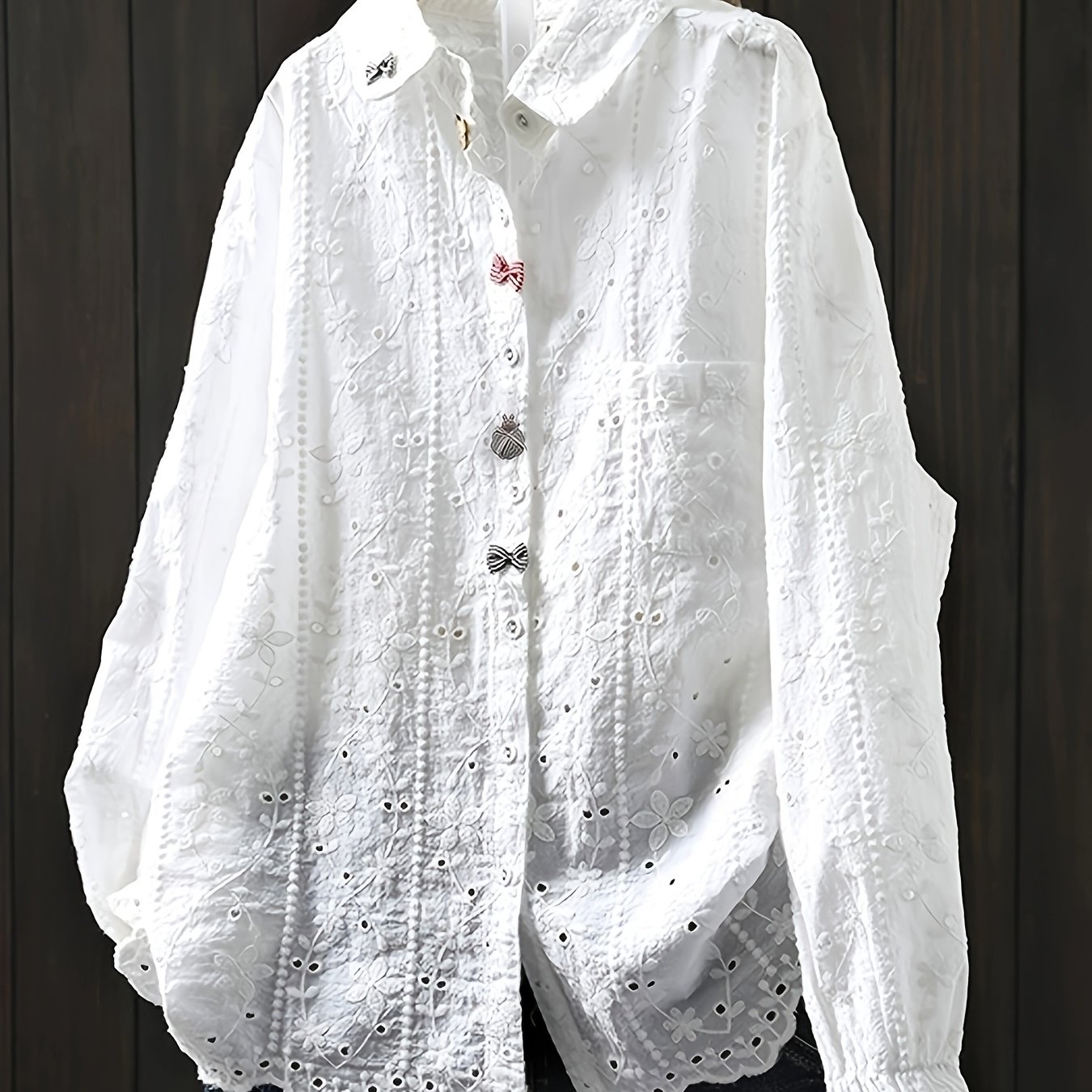 TEMU Camisa de Jacquard de Mujer, Top Holgado de Larga Versátil, Literario y Casual de Otoño para Mujer, Lavable a Máquina, Tapeta de Botones de