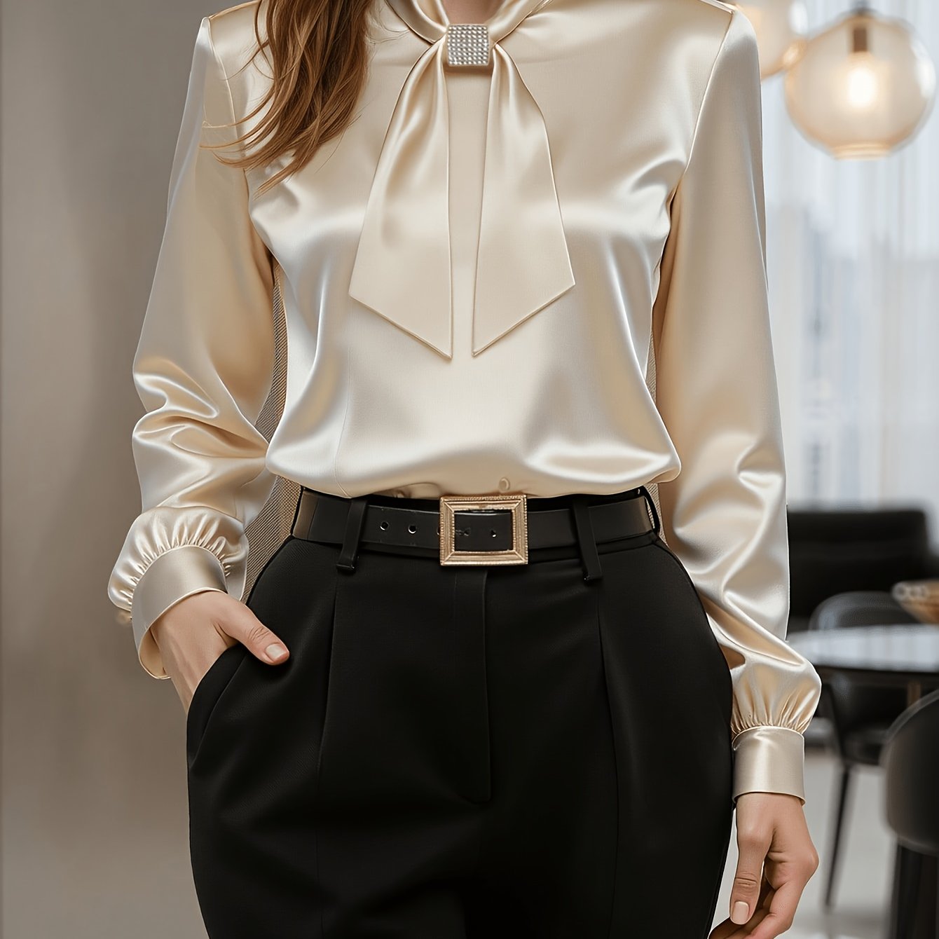 TEMU Elegant Directional Women's Clothing, Elegant Solid Color Bow Tie Top, Suitable For , Diverse Styles