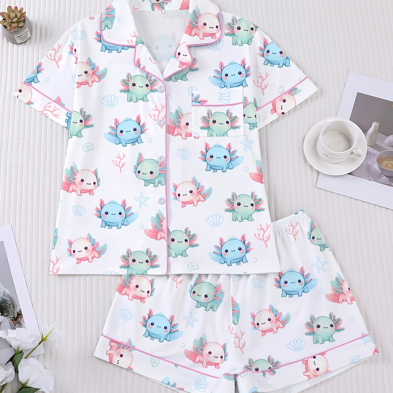 TEMU 2pcs Women's Pajama Set, Hexagonal Dinosaur Print, Short Sleeve Button-up Shirt And Loose Elastic Shorts, Cute Fashionable Casual Wear