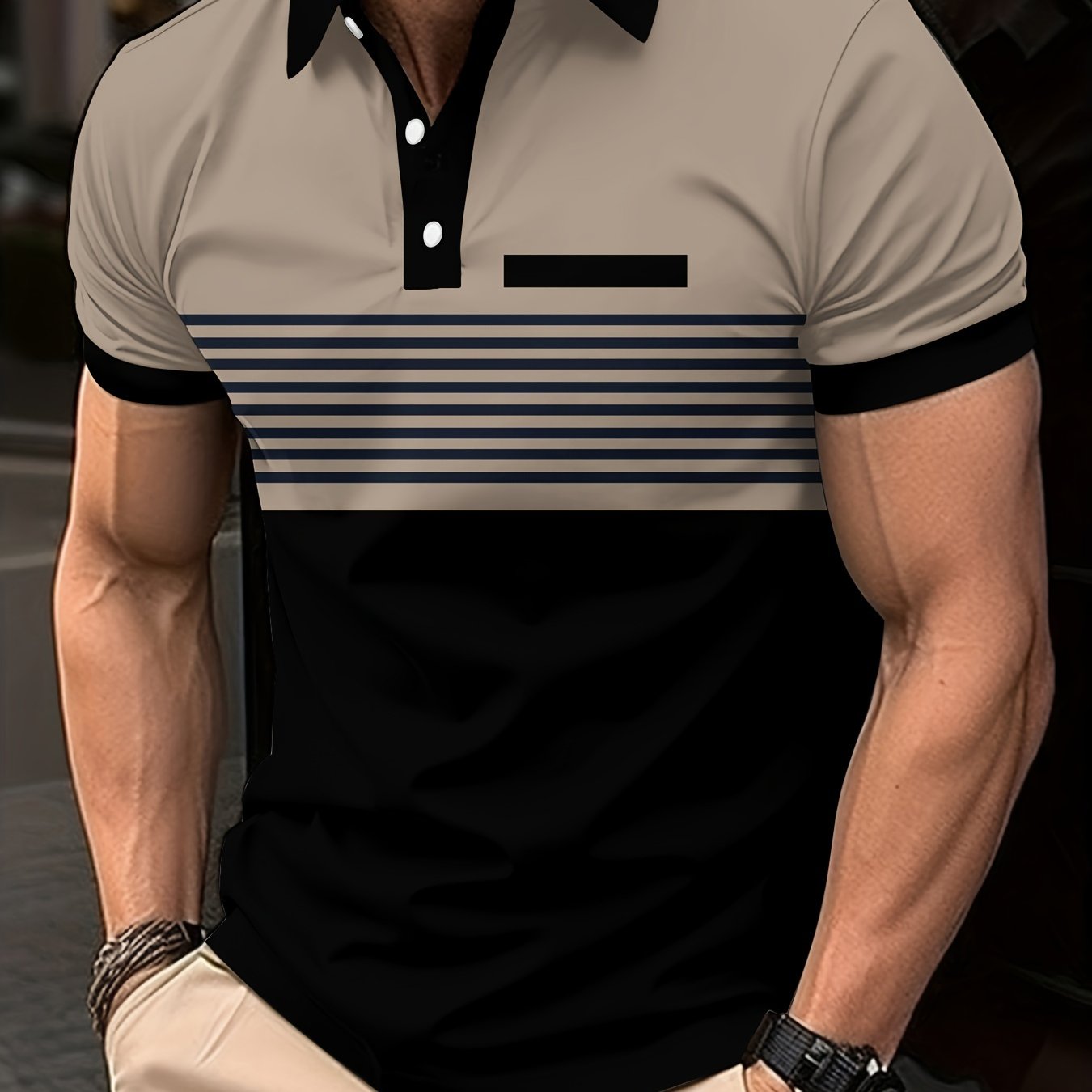 TEMU Men's Casual Striped Short Sleeve Lapel Shirt, Chic Sports Top For Summer Outdoor Activities