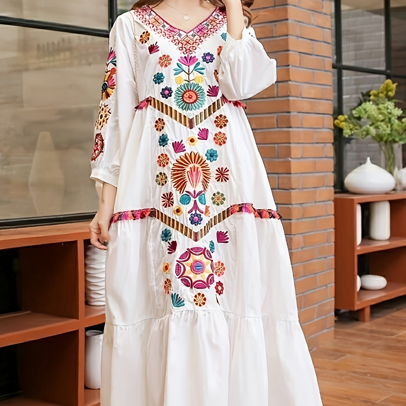 TEMU Seaside Vacation Long Dress, Beach Dress, Ethnic Style, Heavy Embroidery, Loose Dress, Travel Dress, Long Dress