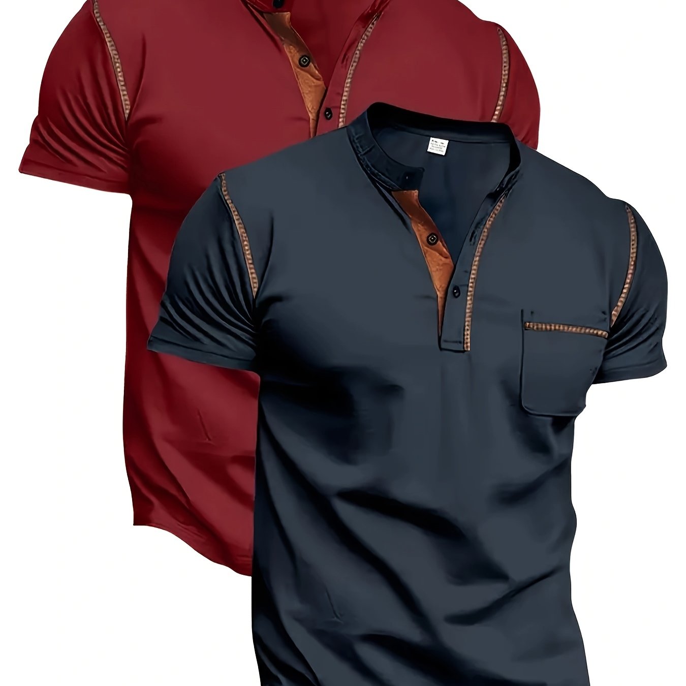 TEMU 2 Piezas Camisetas Henley de Manga Corta para Hombre - Tops Atléticos Transpirables y Elásticos de Color Sólido, Diseño de Medio Botón con