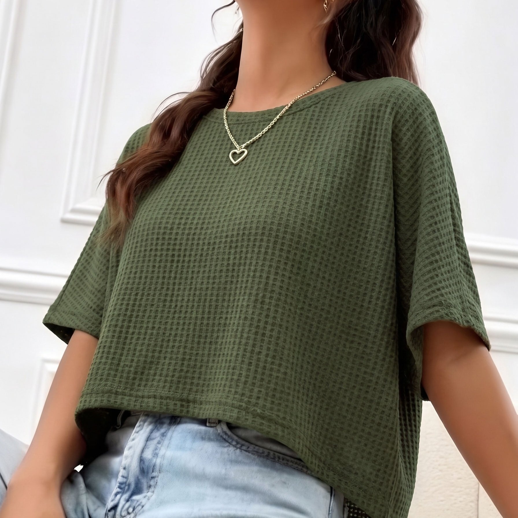 TEMU Women's Casual Loose-fit Waffle Short Crop Crew Neck Short Sleeve T-shirt For Daily Commuting