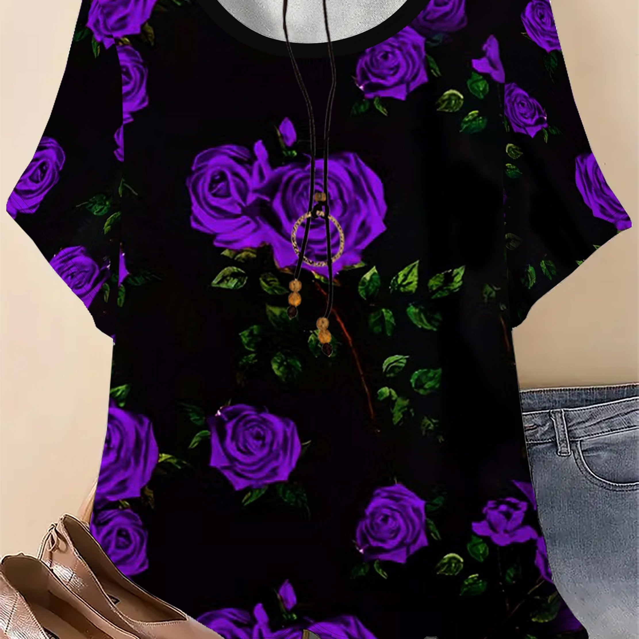 TEMU Plus Size - Plus Size - Summer Casual Minimalist Purple Floral Graphic Design Printed Pattern Women' Neck Plus Size Short Sleeve T-shirt