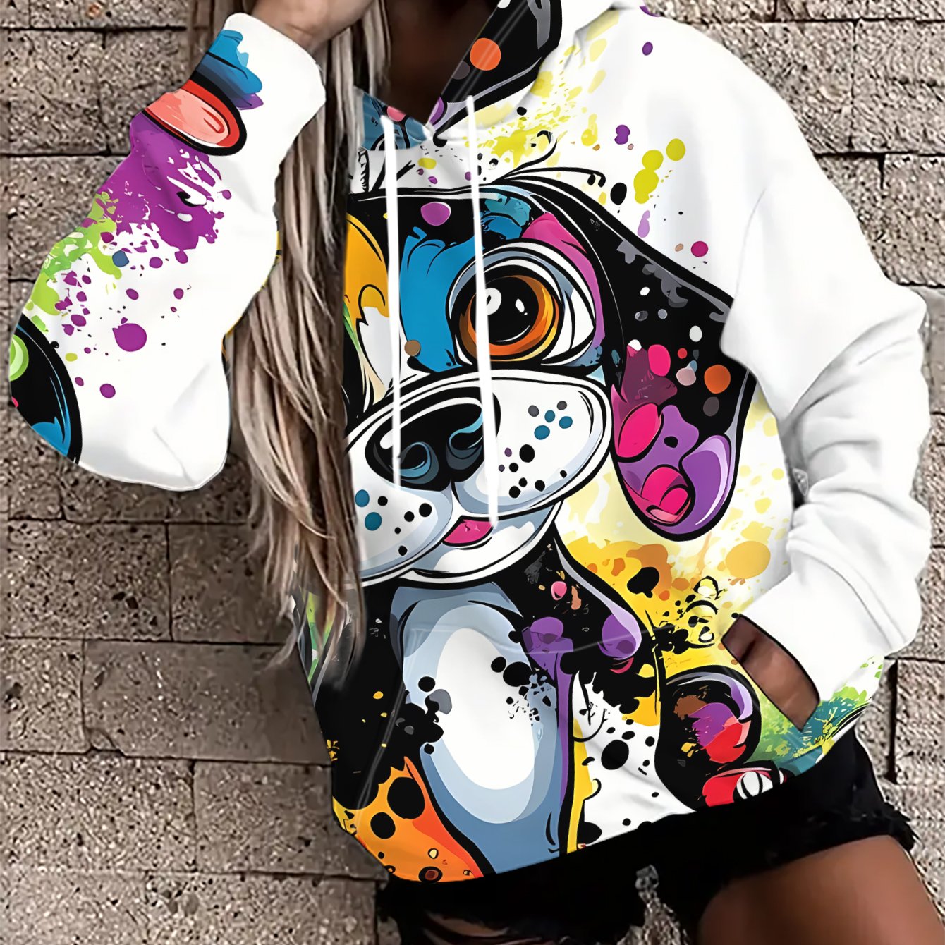 TEMU A Fashionable Women's Loose -style Hoodie Featuring A Colorful Cartoon , Surrounded By Of Vibrant - Made From Stretchy Fabric, , With A