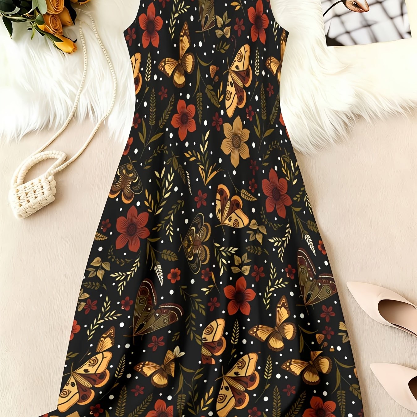 TEMU Plus Size, [women's Summer Dress] Floral Sleeveless A-line Dress, Black, Casual Daily Wear, Flower Pattern, Suitable Daily Wear And Casual Swear