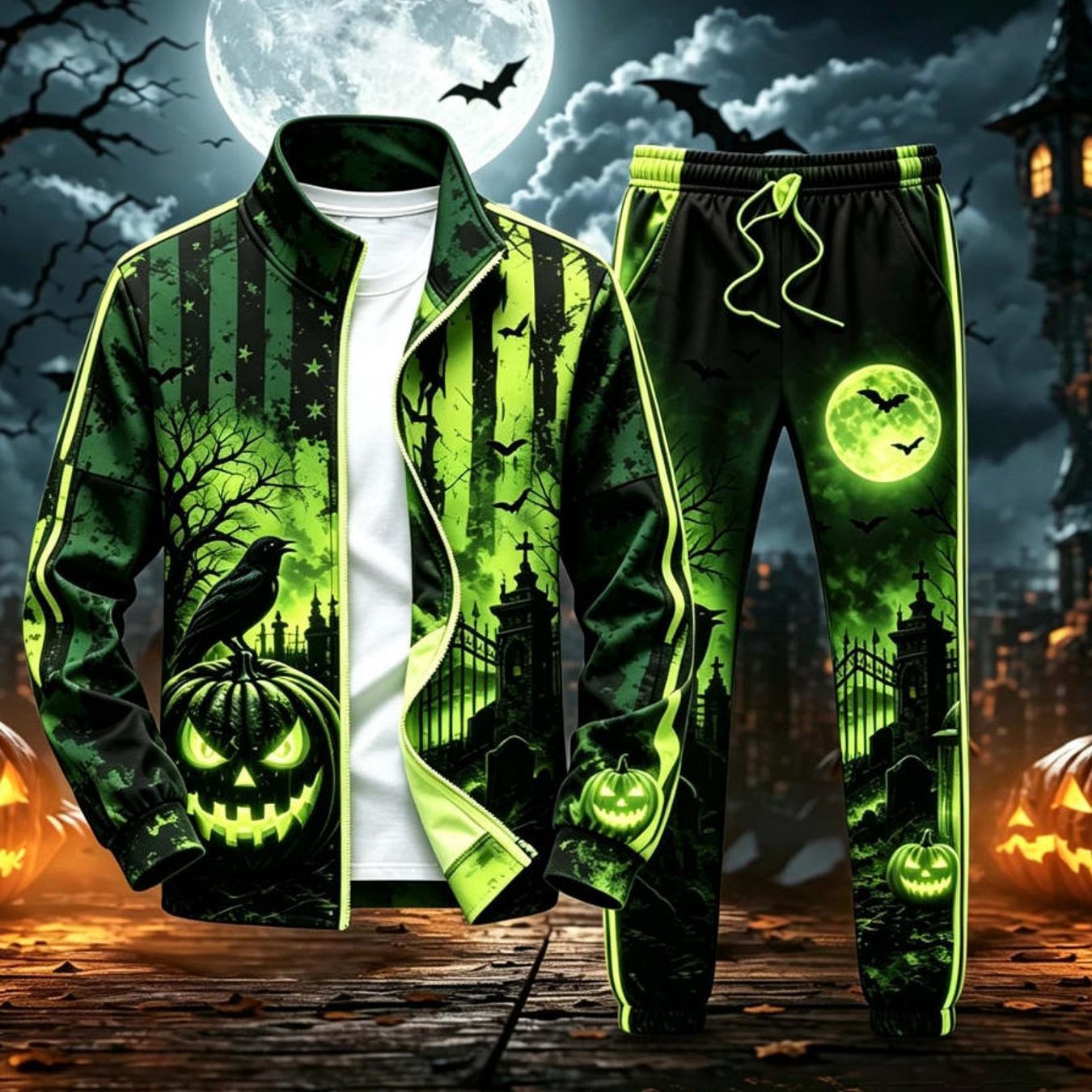 Image of Men's Fashion Halloween Casual Outfit Full Zip Stand Collar Jacket Jogger Pants Set Spooky Graveyard Bats Crow Pattern Adult Men Fall Holiday Gift Casual Wear