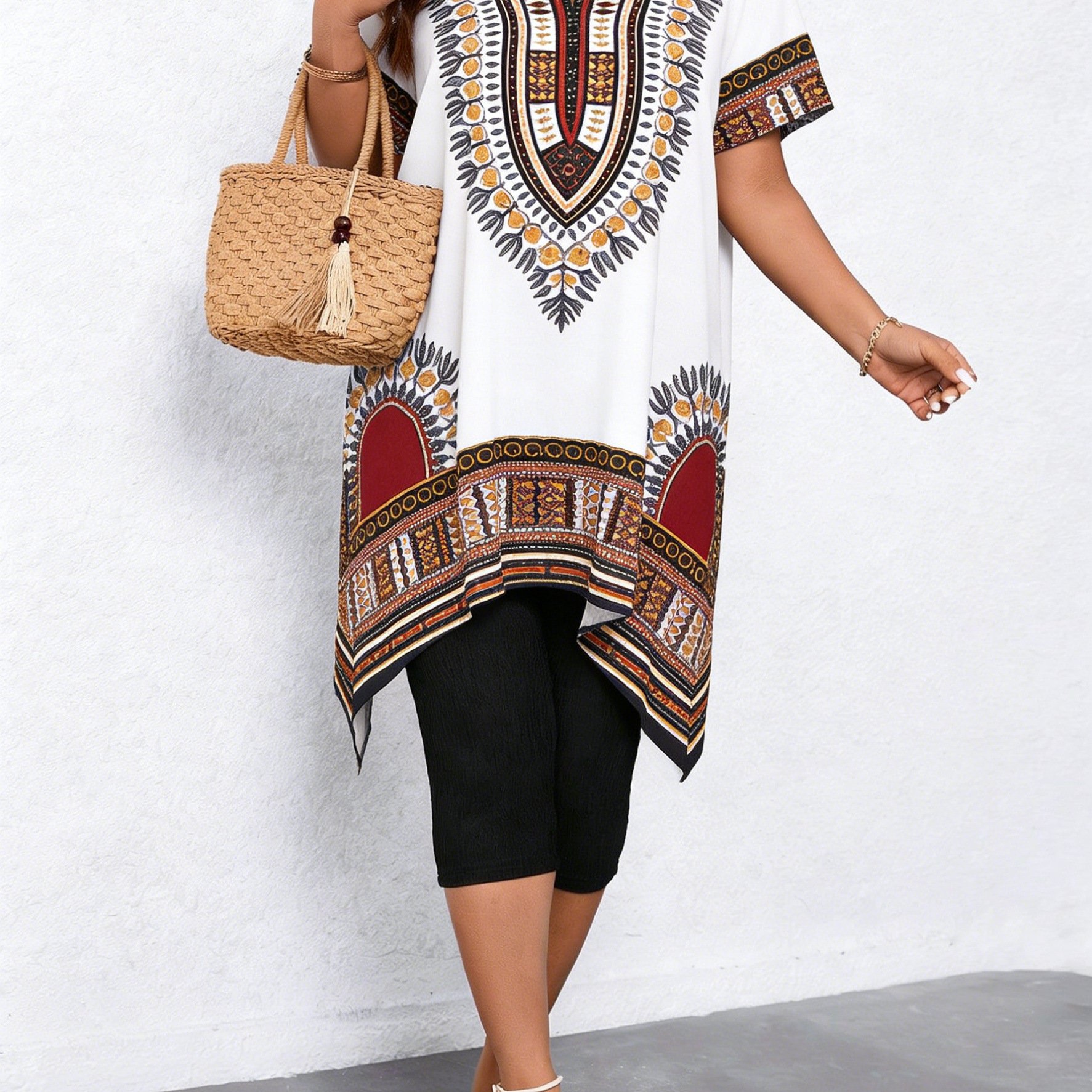 TEMU Plus Size - Plus Size - Retro Ethnic Style Printed V-neck T-shirt Women's Summer Mid-long Casual Breathable Style