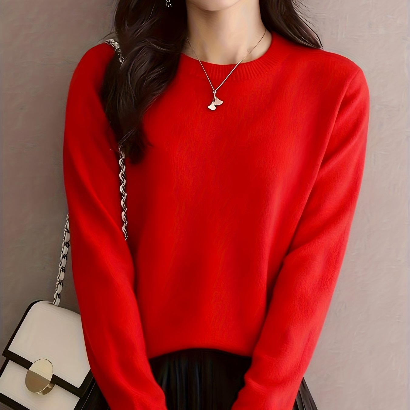 TEMU 패션 간편 단색 라운드넥 스웨터 여성용 봄 가을 우아한 얇은 베이스 레이어