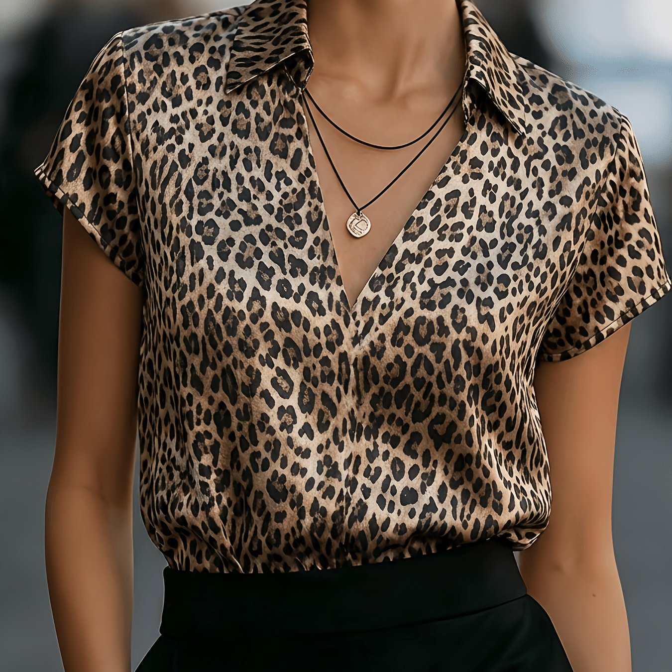 TEMU Women's Short-sleeve Leopard Print Shirt For Summer, Fabric, Machine Washable, Urban Fashion Top For Women, For Elegant Commuting, Vacation, And