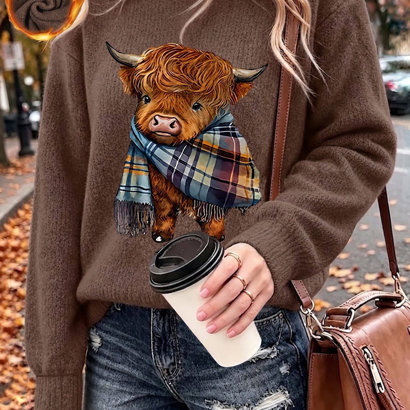 TEMU Scottish Highland Cow Pattern Scarf Cartoon Design Autumn Winter Beautiful Elegant Fashion Women's Sweater Thickened Soft Warm Cute Wearable