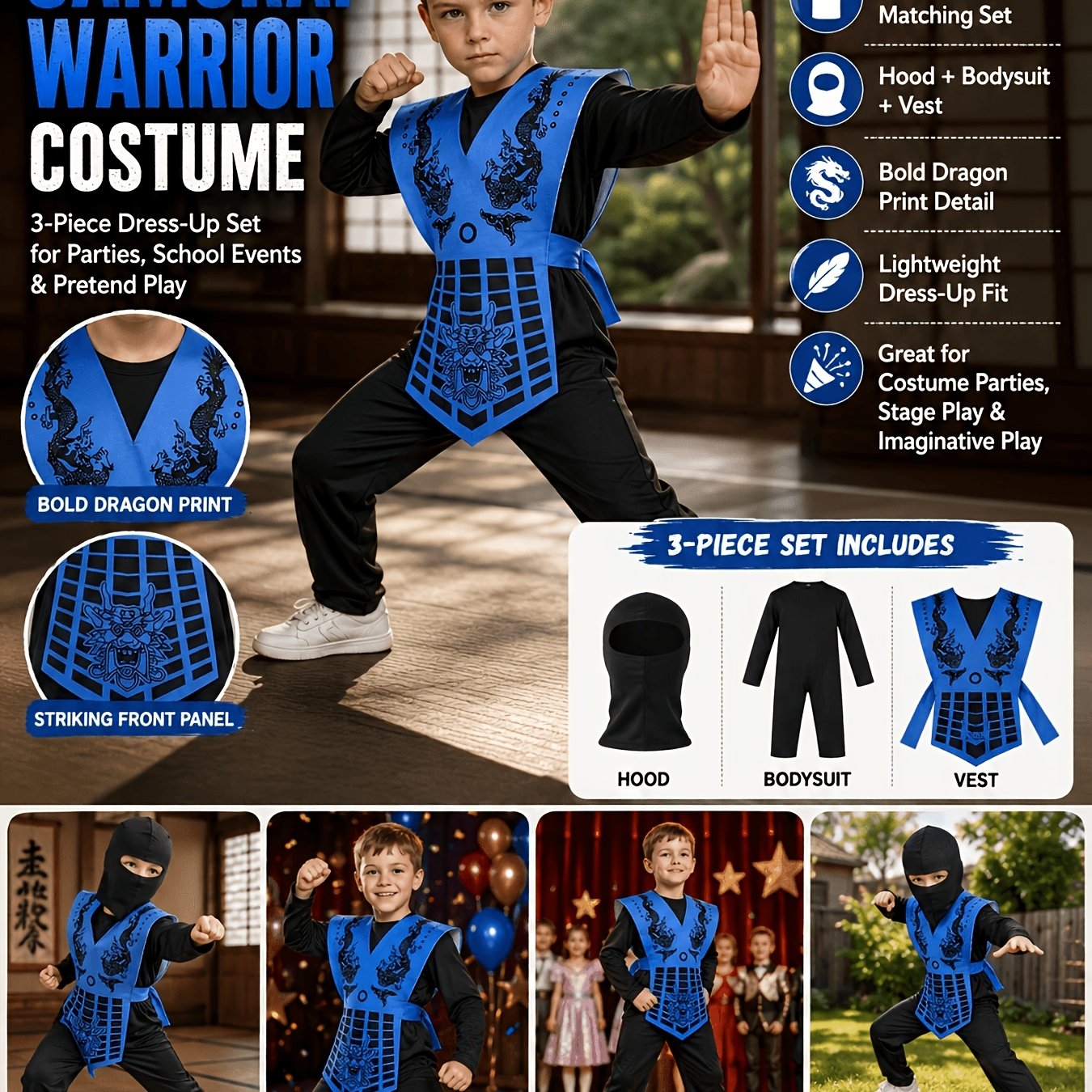 TEMU Boys' Warrior 3pcs Set, Blue Black Dragon Print Vest With Bodysuit And Hood, Kids Halloween Party School Stage Role Up Outfit