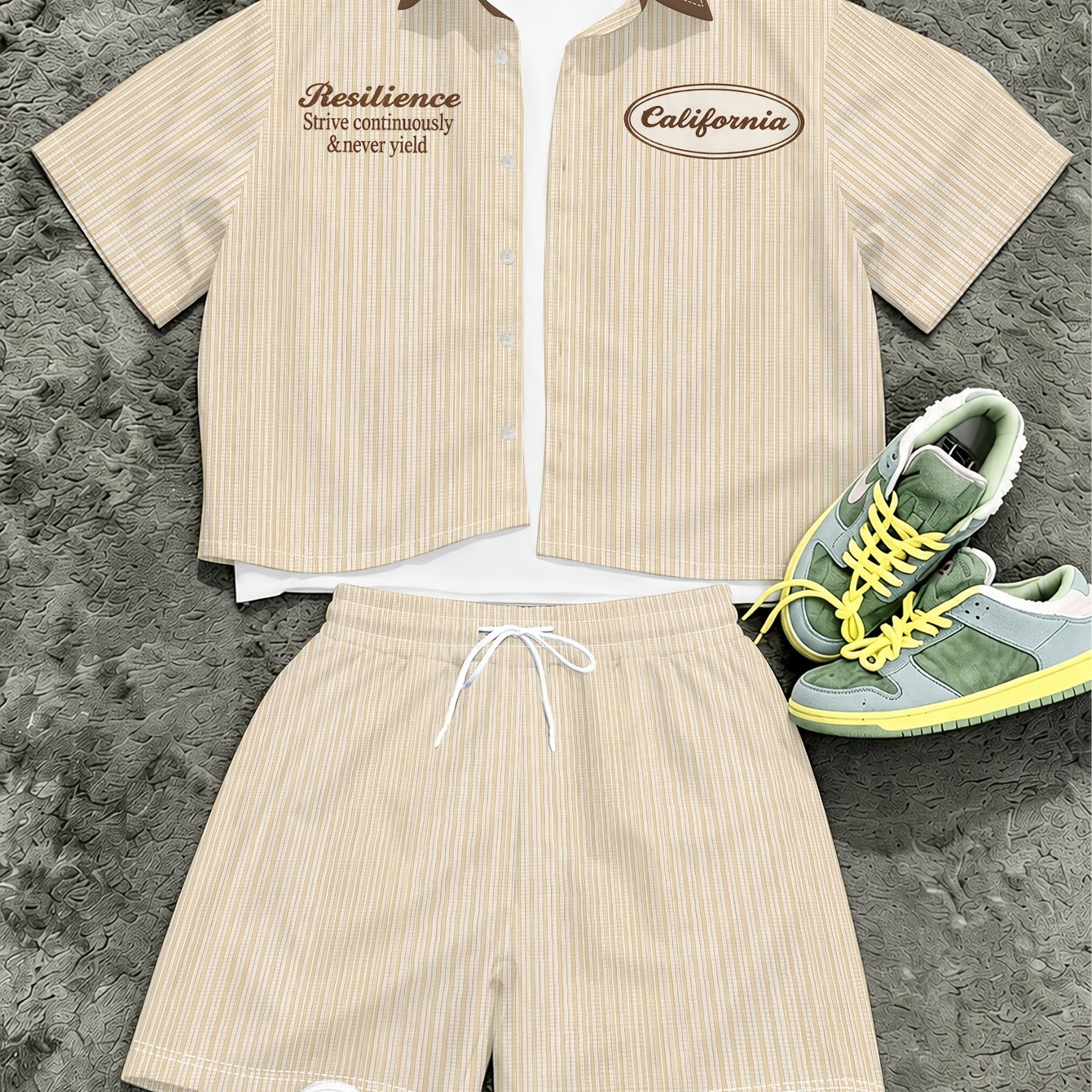 TEMU Men's Fashion Striped Short-sleeve Shirt And Shorts Set, Contrast Color Lapel Letter 2pcs Set, Streetwear -in-1 Look Design, Comfortable