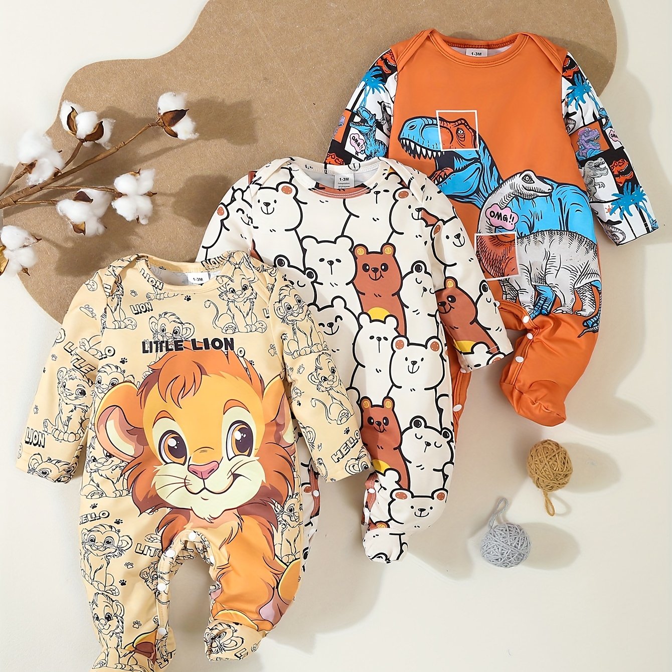 Cute Cartoon Lion Dinosaur Bear Pattern Print Footie Romper 3pcs Set For Baby Boys, For Outdoor