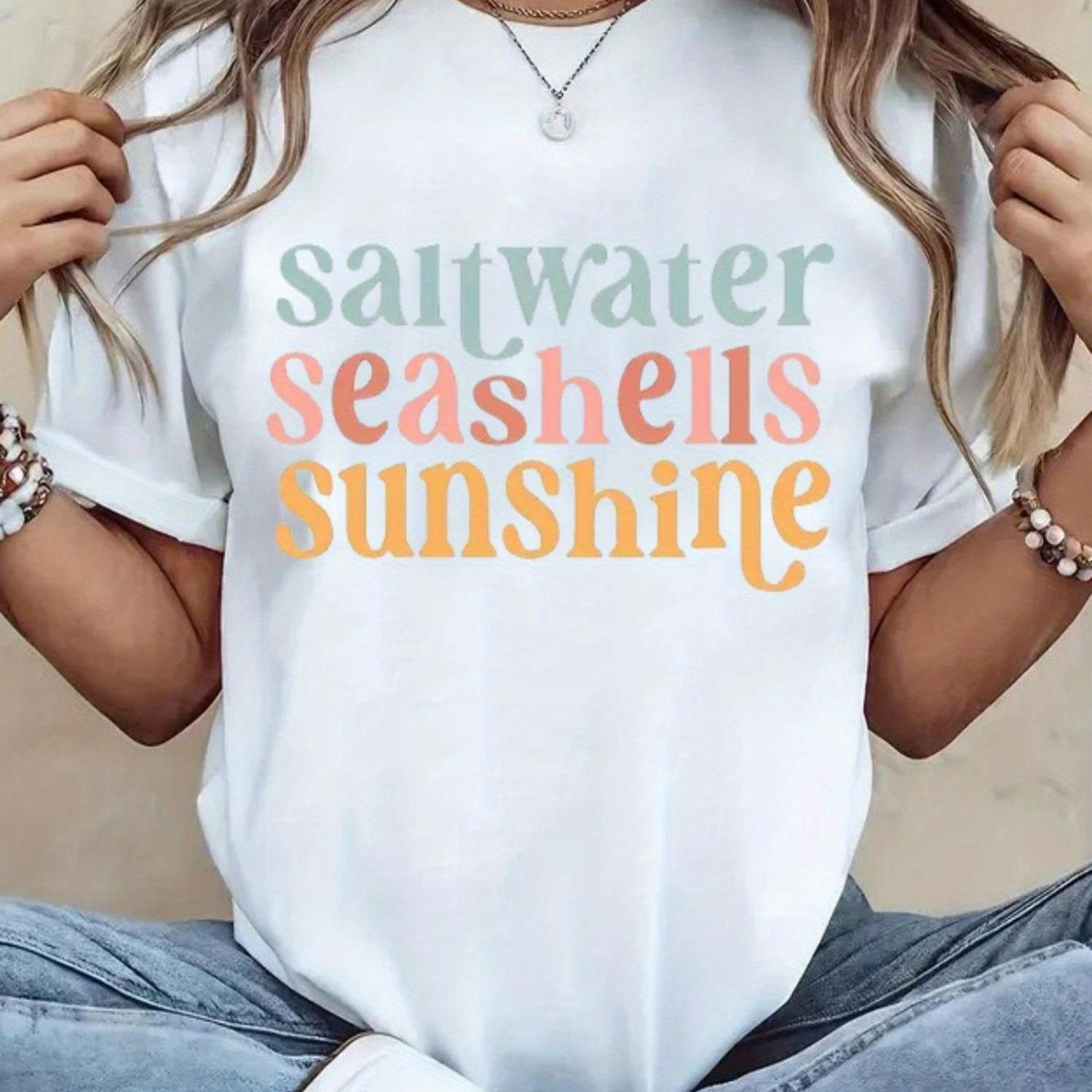 TEMU Women's & Ora Coastal T-shirt - 100% Casual Round Neck Short Sleeve Top With Seashell & Beach Lettering Print, Breathable Summer Beachwear
