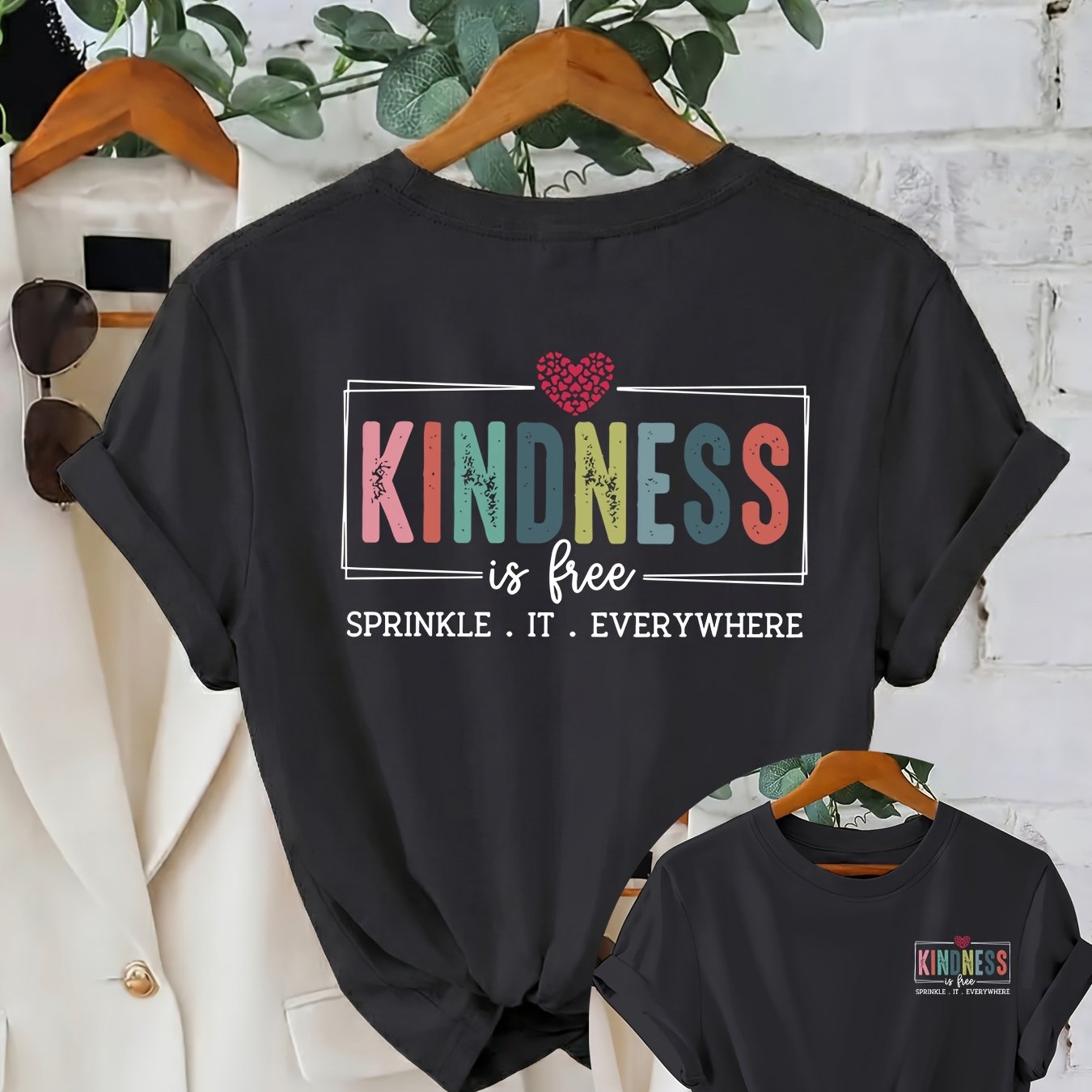 TEMU Casual Women's Loose Fit T-shirt | Colorful "kindness" Printed Short Sleeve Crew Neck Tee For Spring And Summer
